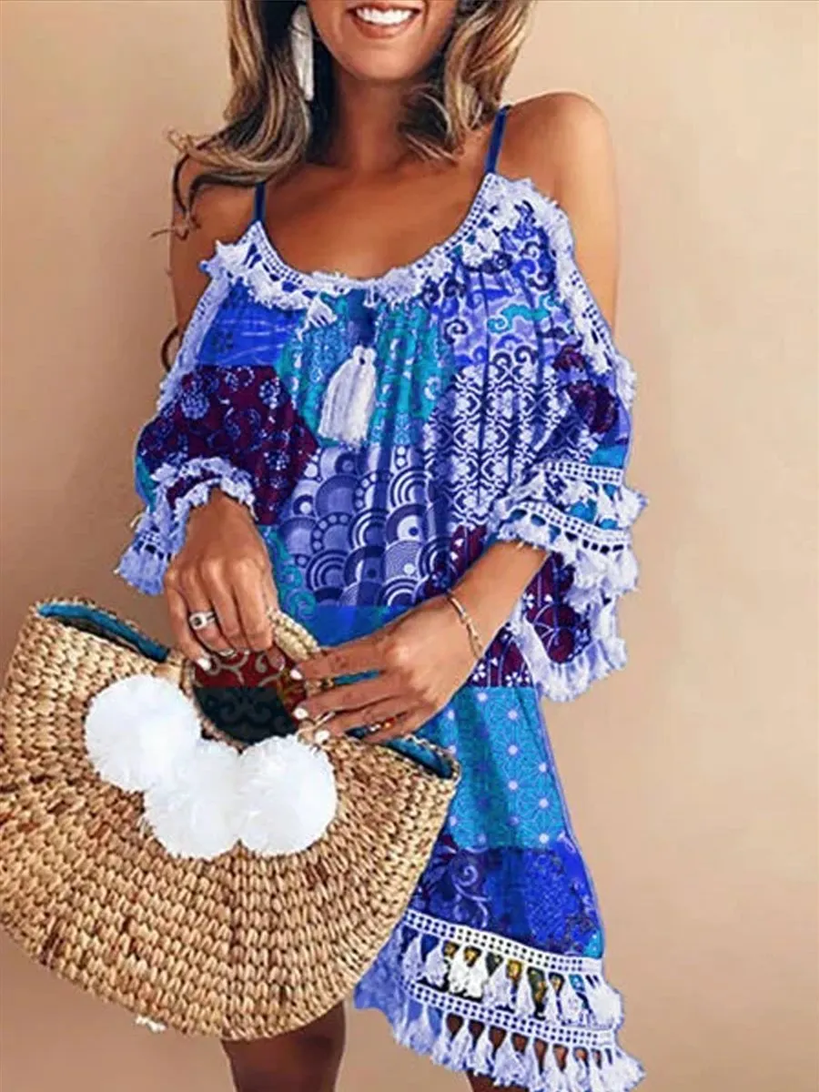 Off Shoulder s Shift Daily Cotton-Blend Patchwork Dresses