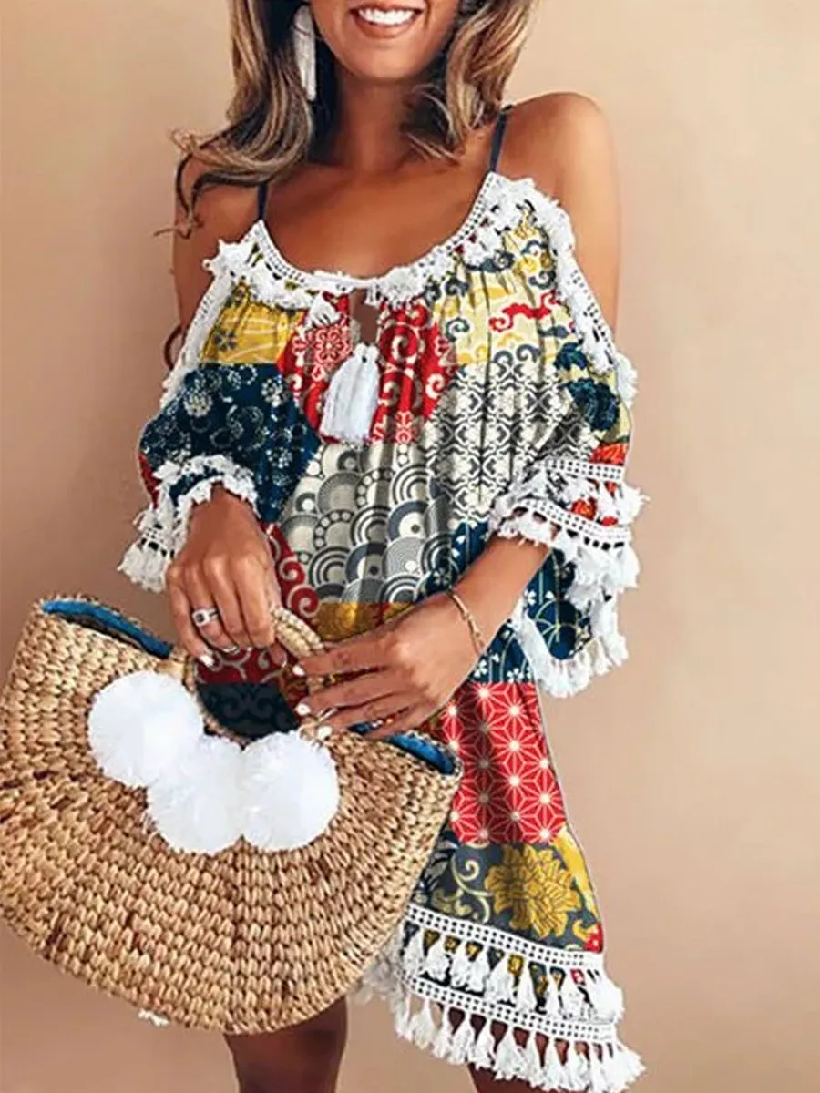 Off Shoulder s Shift Daily Cotton-Blend Patchwork Dresses