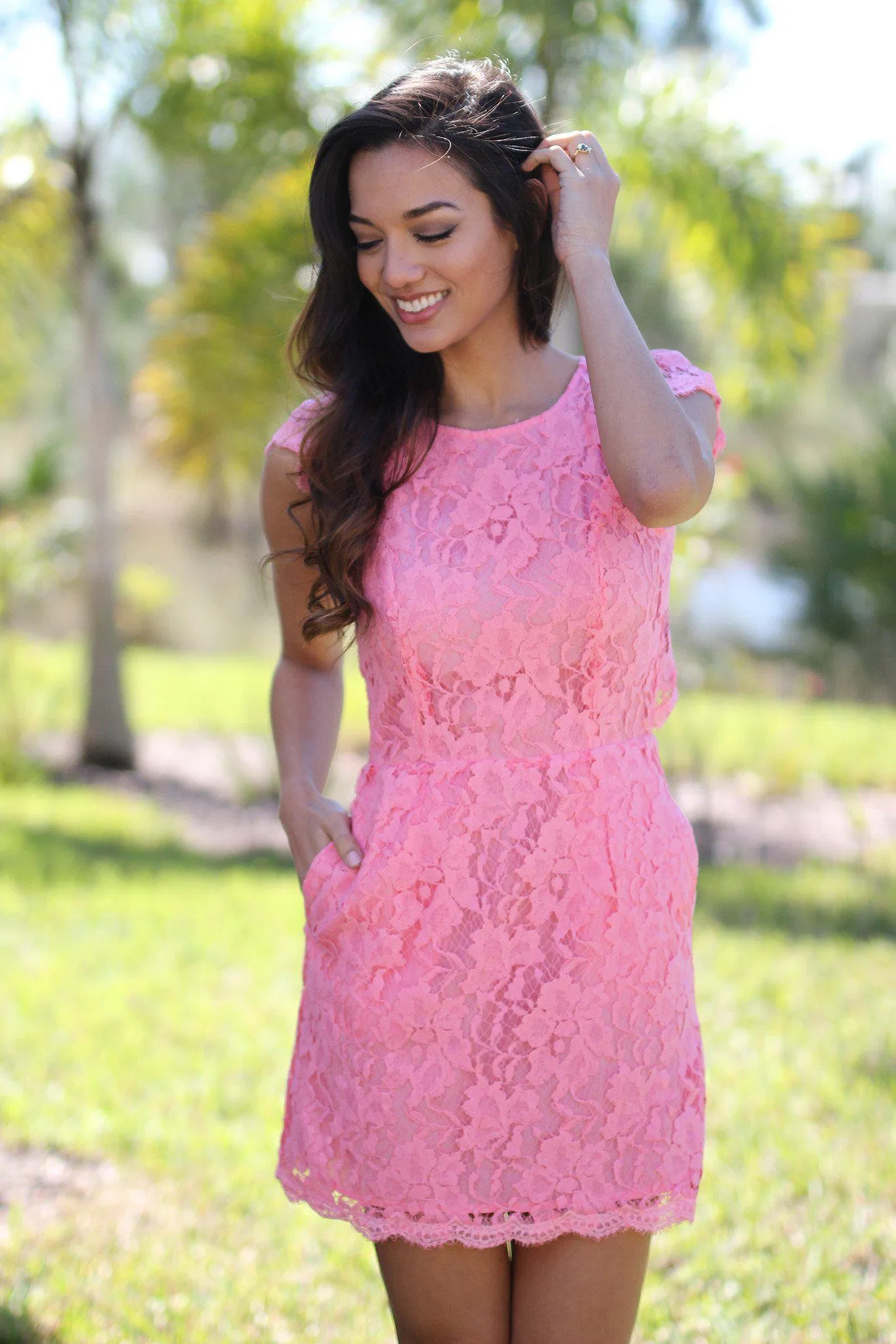 Pink Lace Dress with Pockets