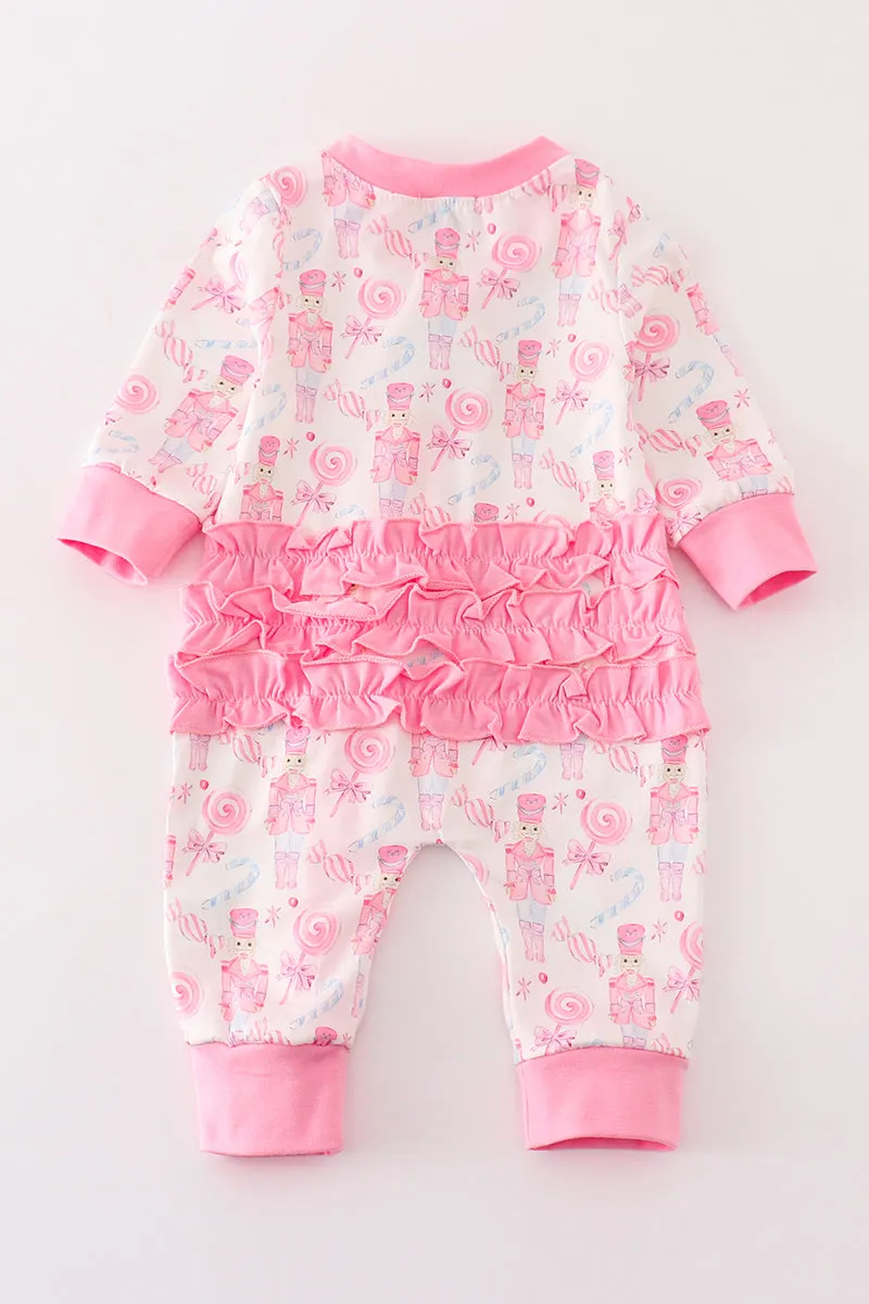 Pink nutcracker print ruffle zip girl romper