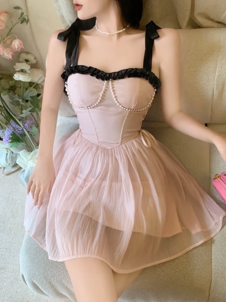 Pink Sweet Sexy Dress Women Bandage Party Mini Dresses Casual Beach High Waist A-line Korean Fashion Strap Dress  Summer