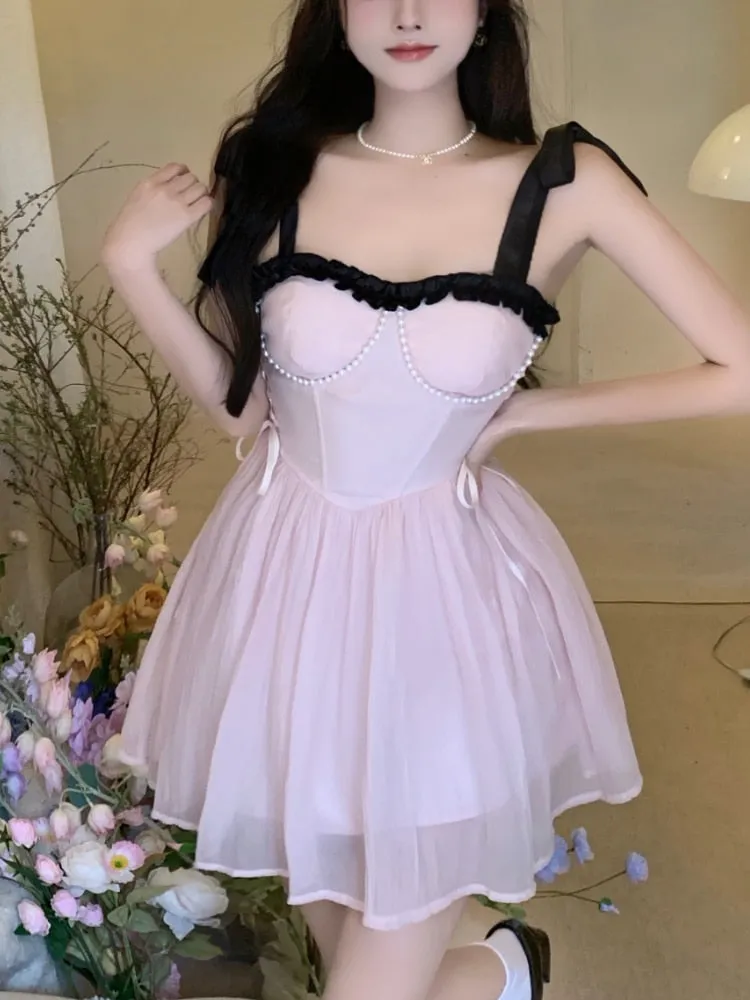 Pink Sweet Sexy Dress Women Bandage Party Mini Dresses Casual Beach High Waist A-line Korean Fashion Strap Dress  Summer