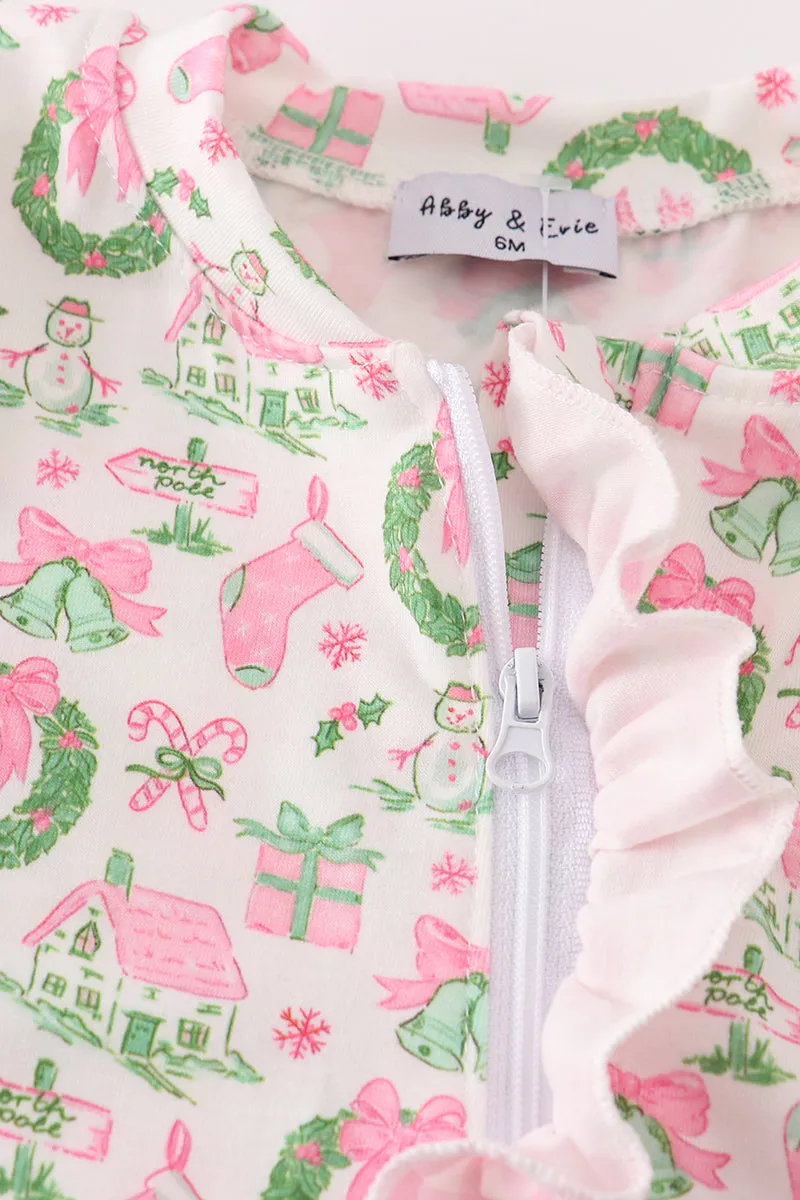 Pink watercolor christmas print ruffle zip girl romper