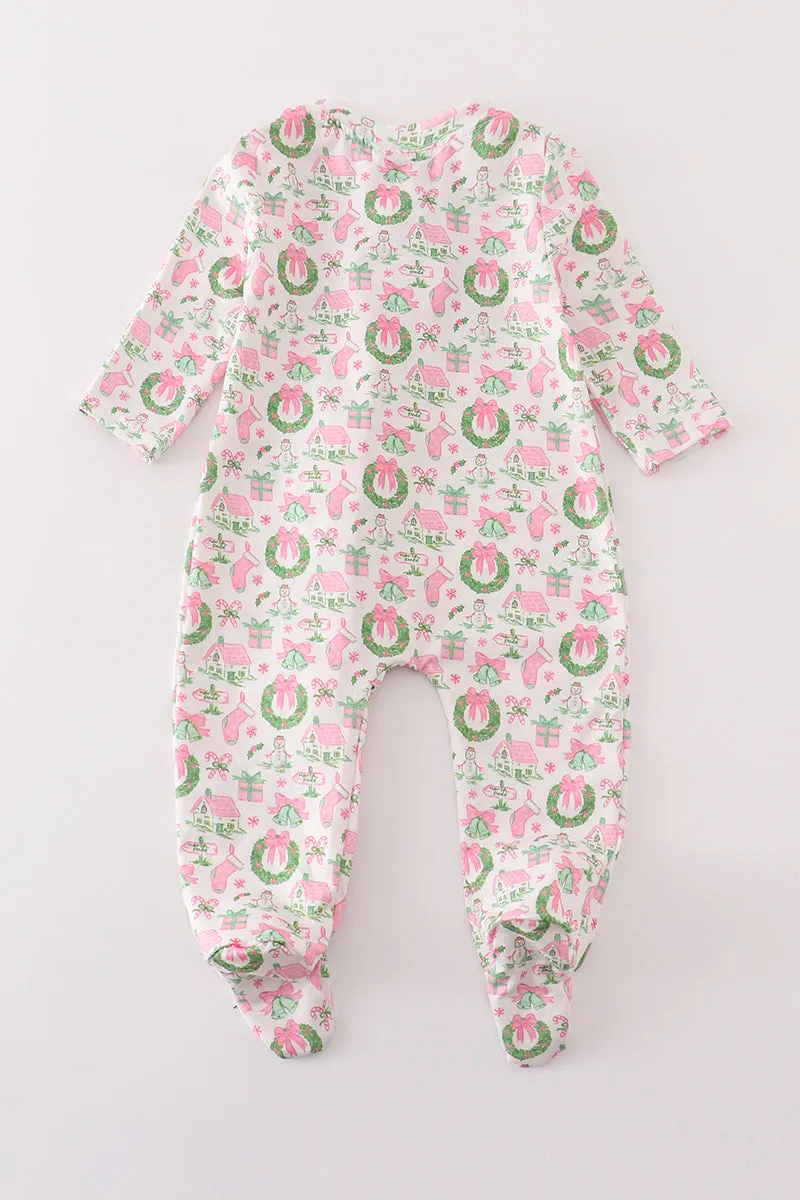 Pink watercolor christmas print ruffle zip girl romper