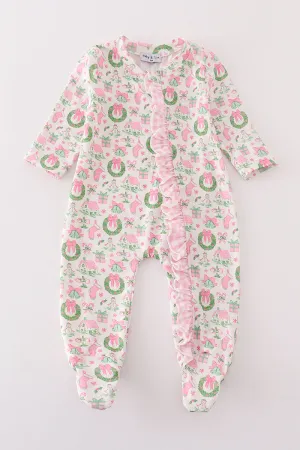 Pink watercolor christmas print ruffle zip girl romper