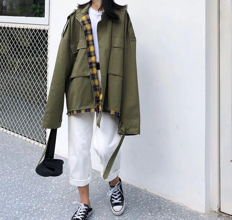 Plaid Windbreaker Hooded Oversized Coat Jacket