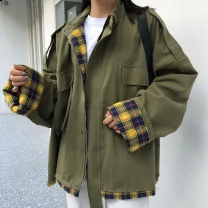 Plaid Windbreaker Hooded Oversized Coat Jacket