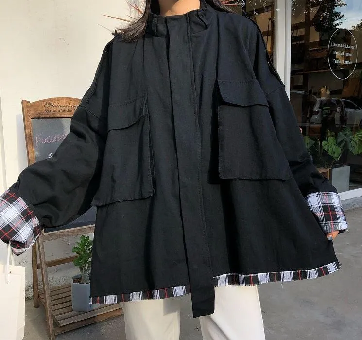 Plaid Windbreaker Hooded Oversized Coat Jacket