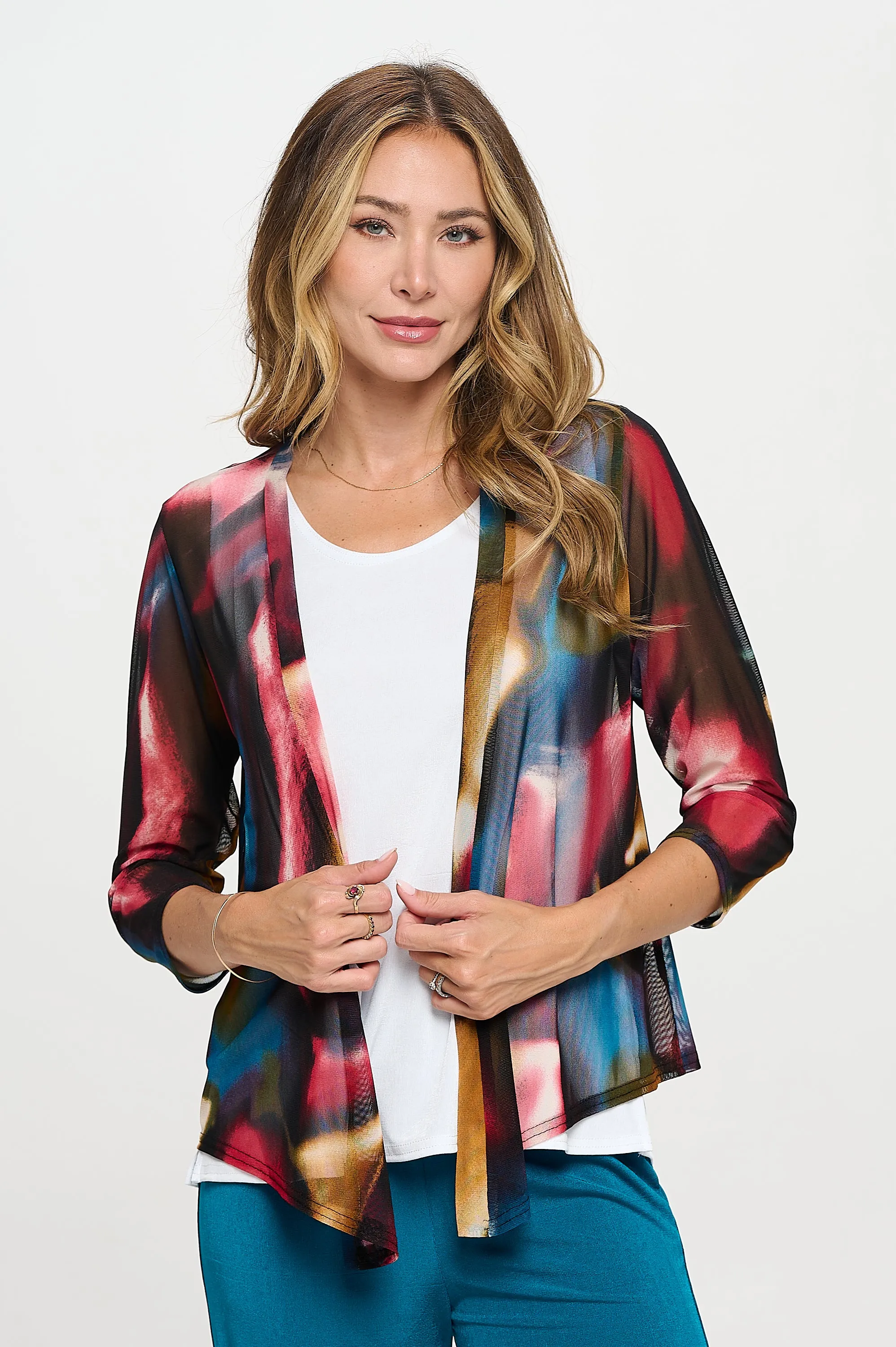 Plus Size Mesh Printed Cardigan-4082MR-QXP1-W456