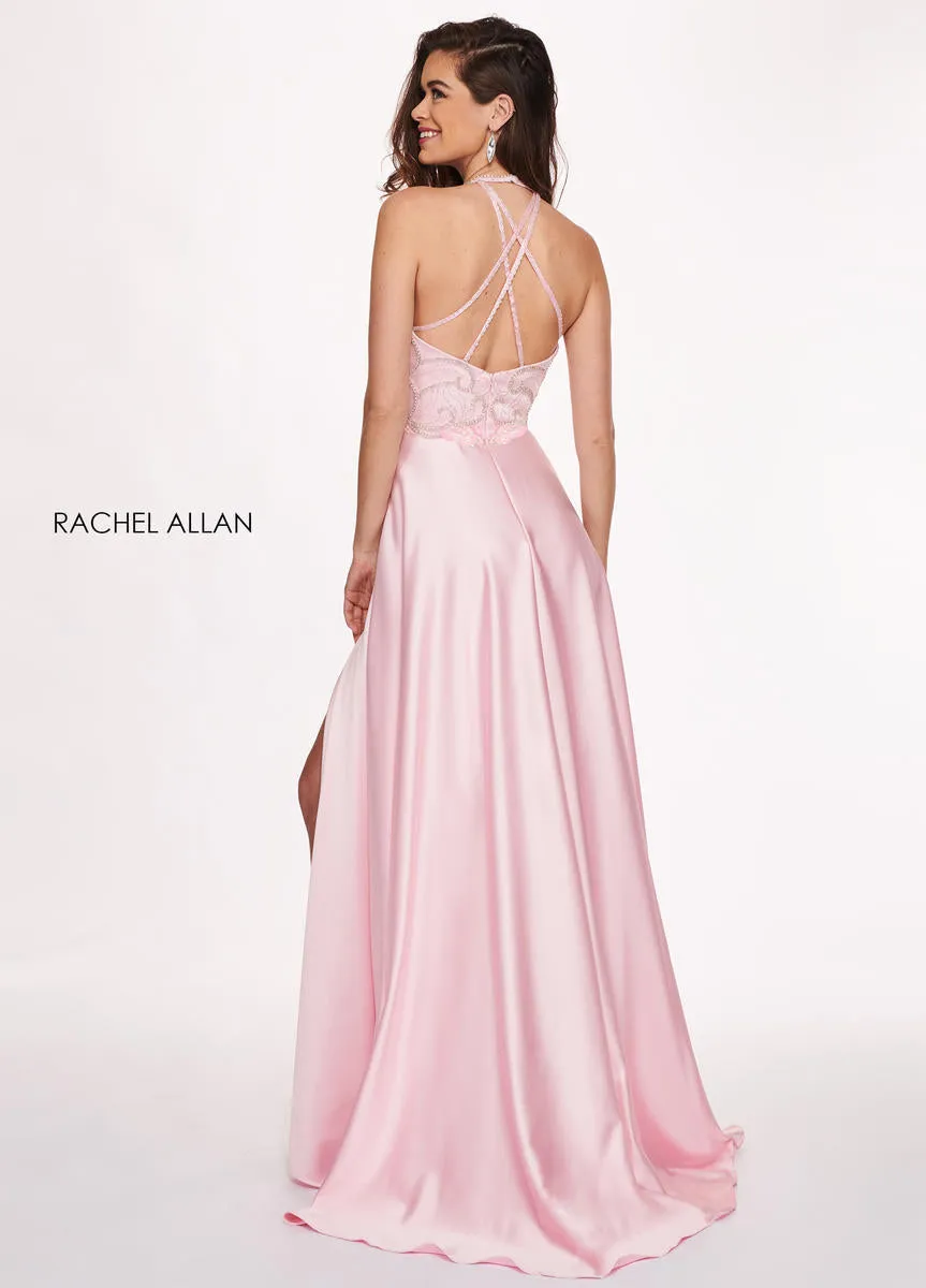 Rachel Allan 6487 Soft Pink Satin A-Line Dress with Slit