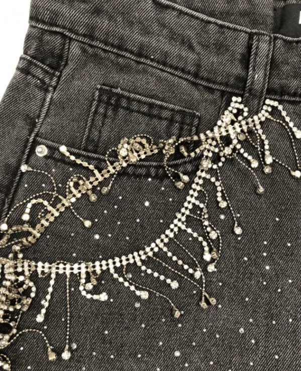 RHINESTONE FRINGE DENIM SHORTS