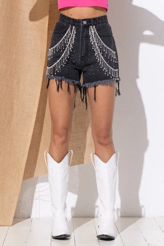 RHINESTONE FRINGE DENIM SHORTS