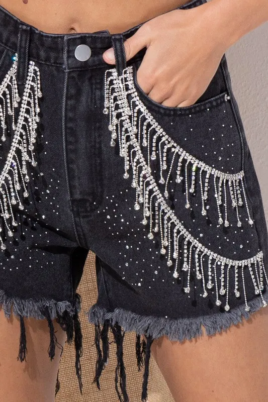 RHINESTONE FRINGE DENIM SHORTS