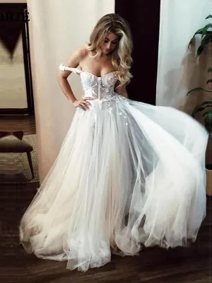 Romantic Off-the-shoulder Lace Wedding Dress A Line Bridal Dress MHL1825