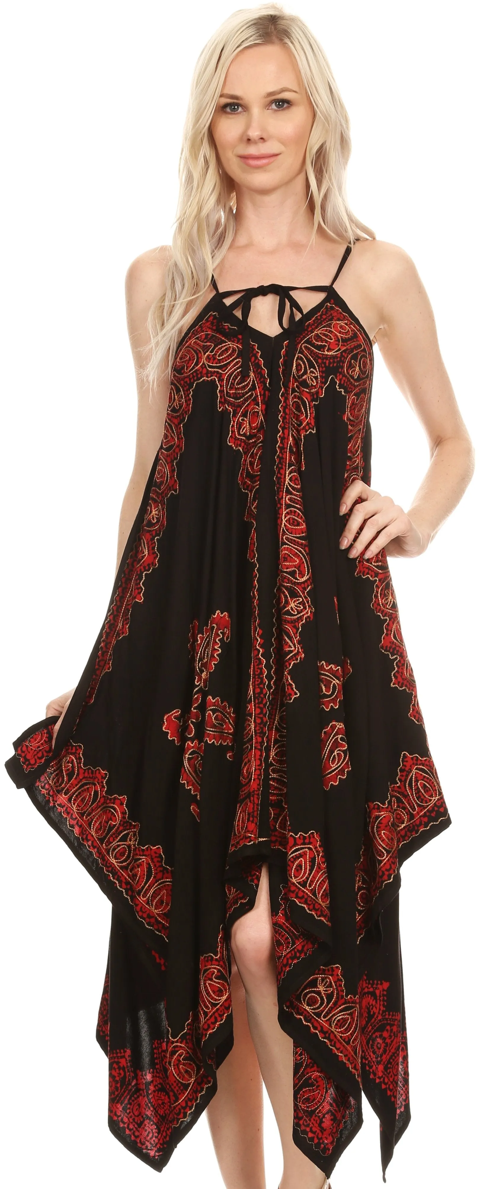 Sakkas Arminat Batik Print Adjustable Strap Embroidered Handkerchief Hem Dress