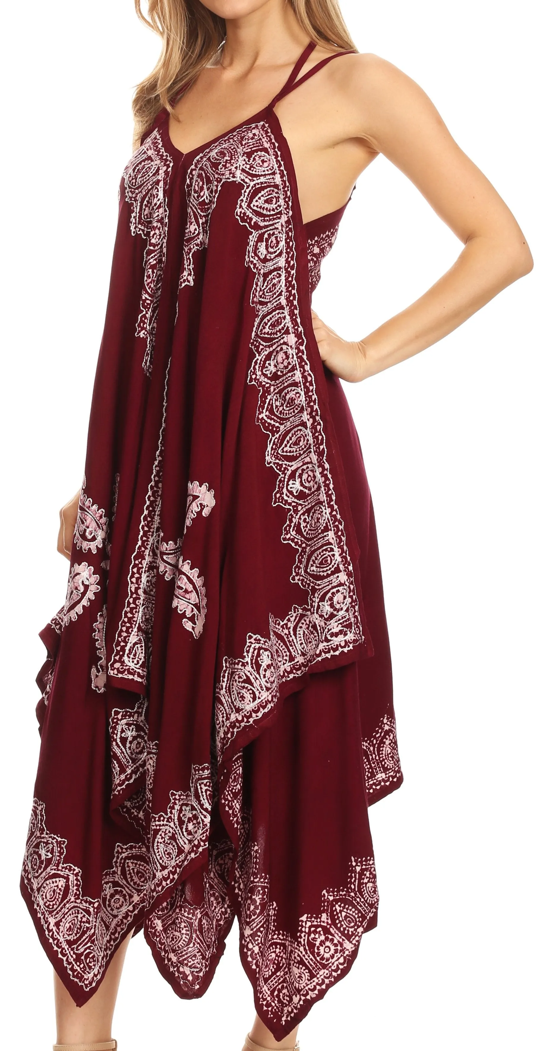 Sakkas Arminat Batik Print Adjustable Strap Embroidered Handkerchief Hem Dress