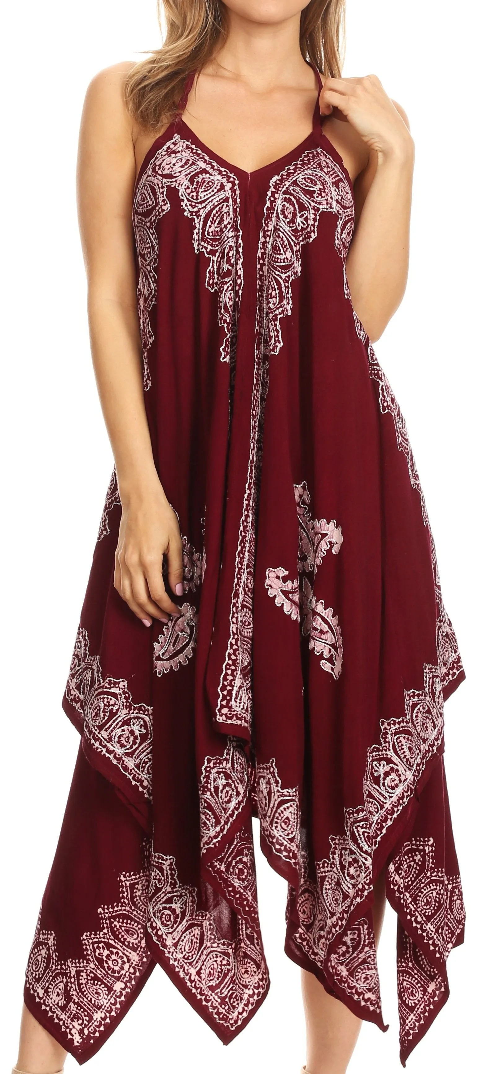 Sakkas Arminat Batik Print Adjustable Strap Embroidered Handkerchief Hem Dress