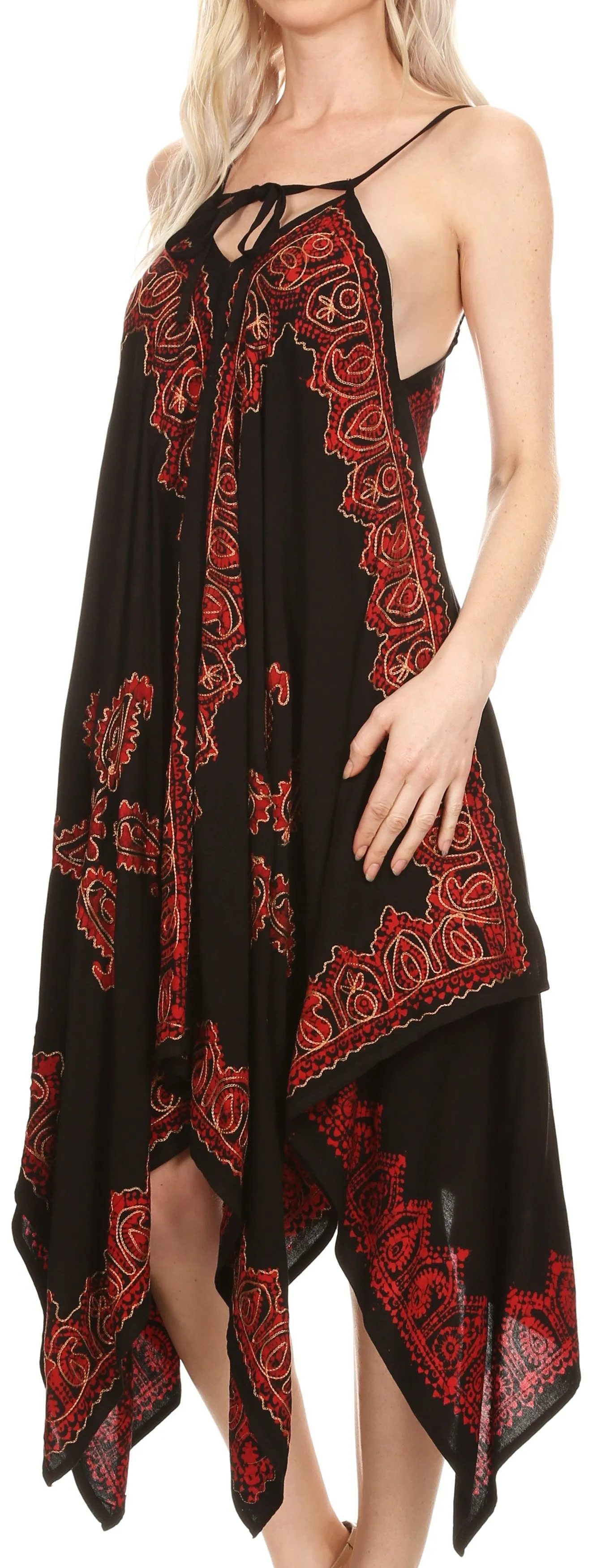 Sakkas Arminat Batik Print Adjustable Strap Embroidered Handkerchief Hem Dress