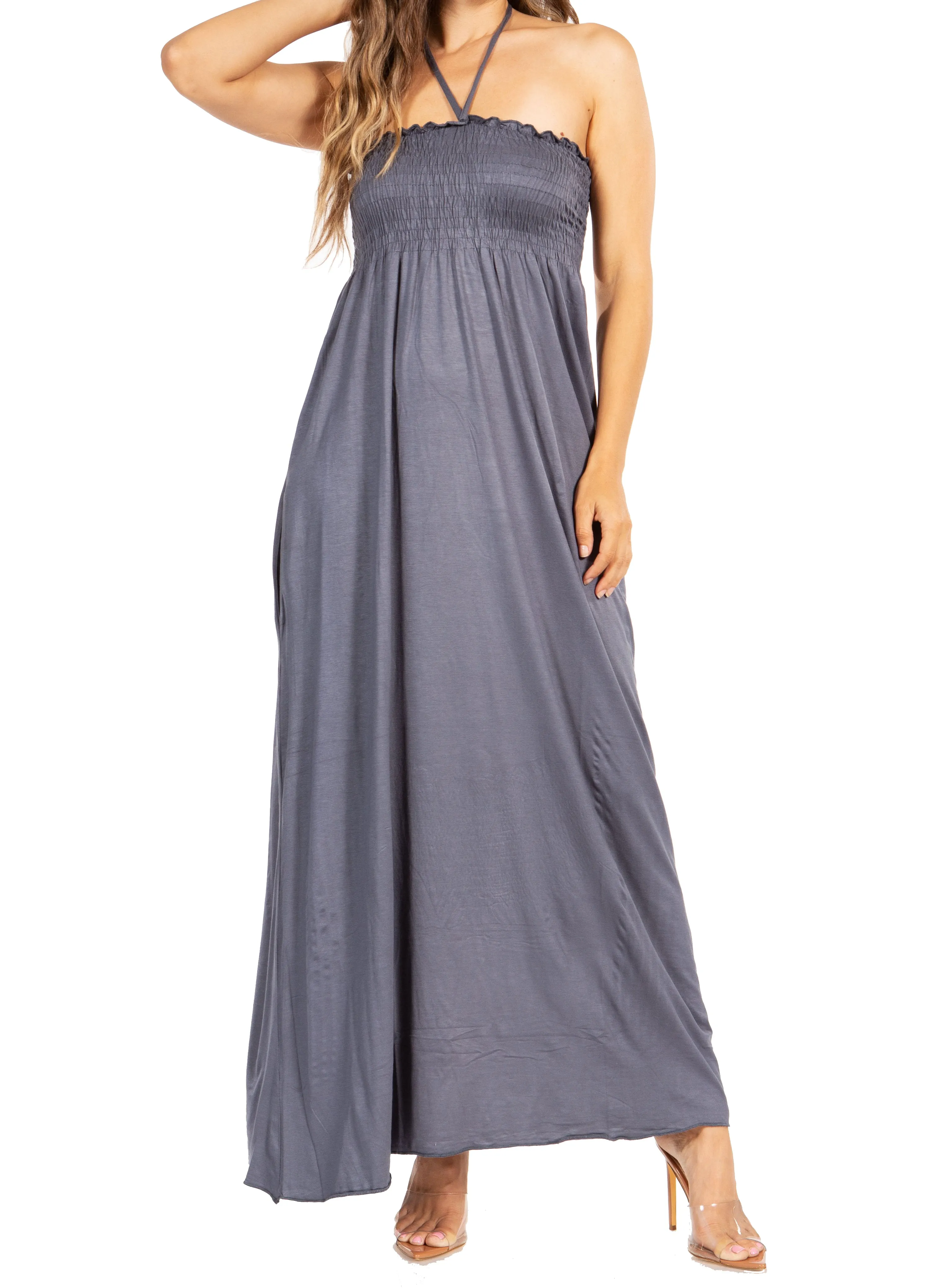 Sakkas Soft Jersey Feel Solid Color Smocked Bodice String Halter Long Dress