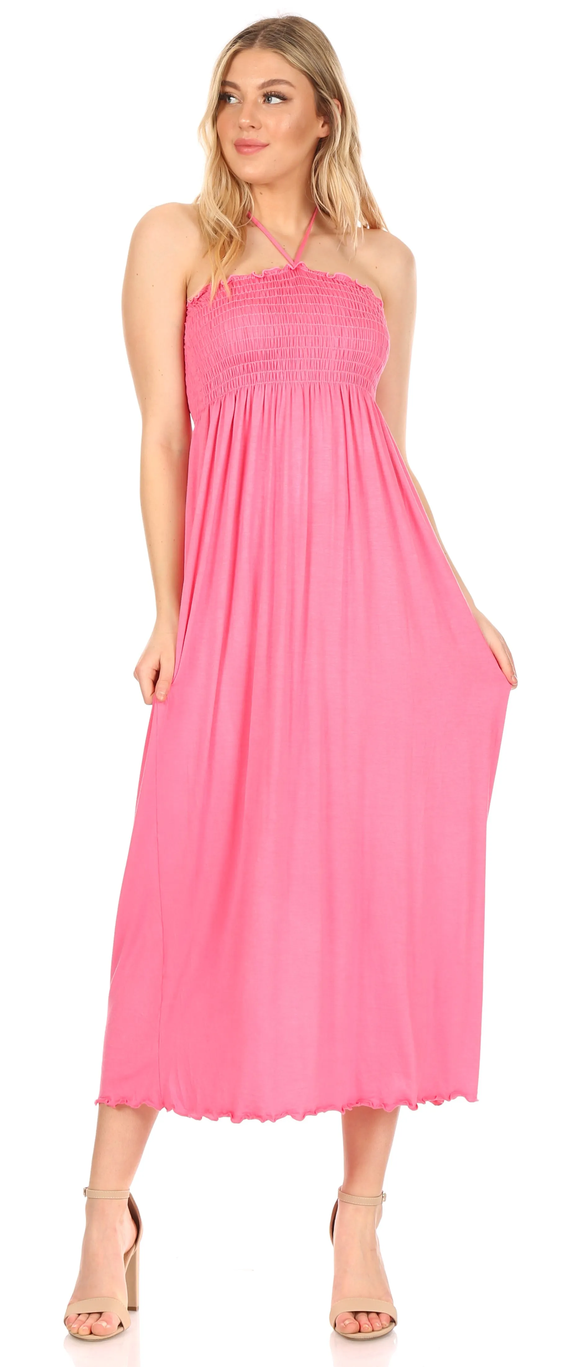 Sakkas Soft Jersey Feel Solid Color Smocked Bodice String Halter Long Dress