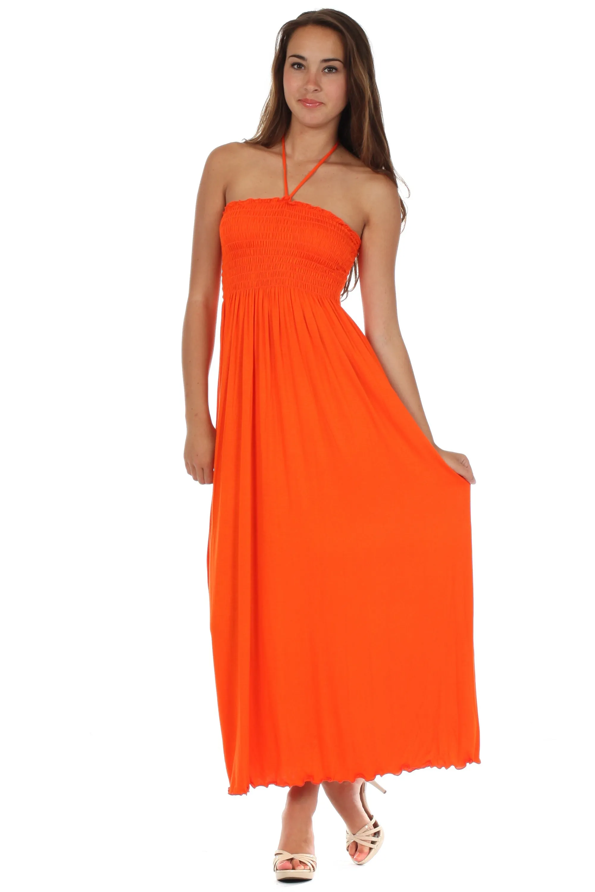 Sakkas Soft Jersey Feel Solid Color Smocked Bodice String Halter Long Dress