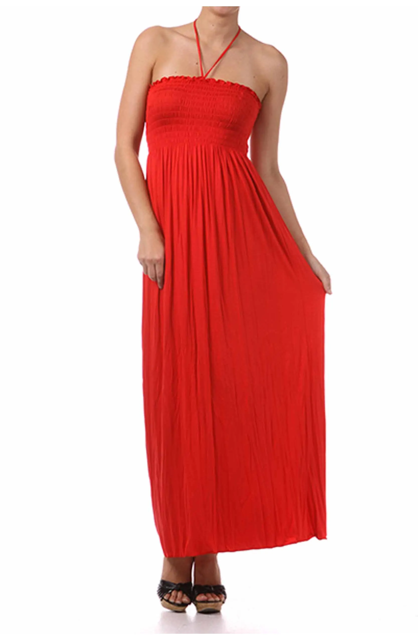 Sakkas Soft Jersey Feel Solid Color Smocked Bodice String Halter Long Dress