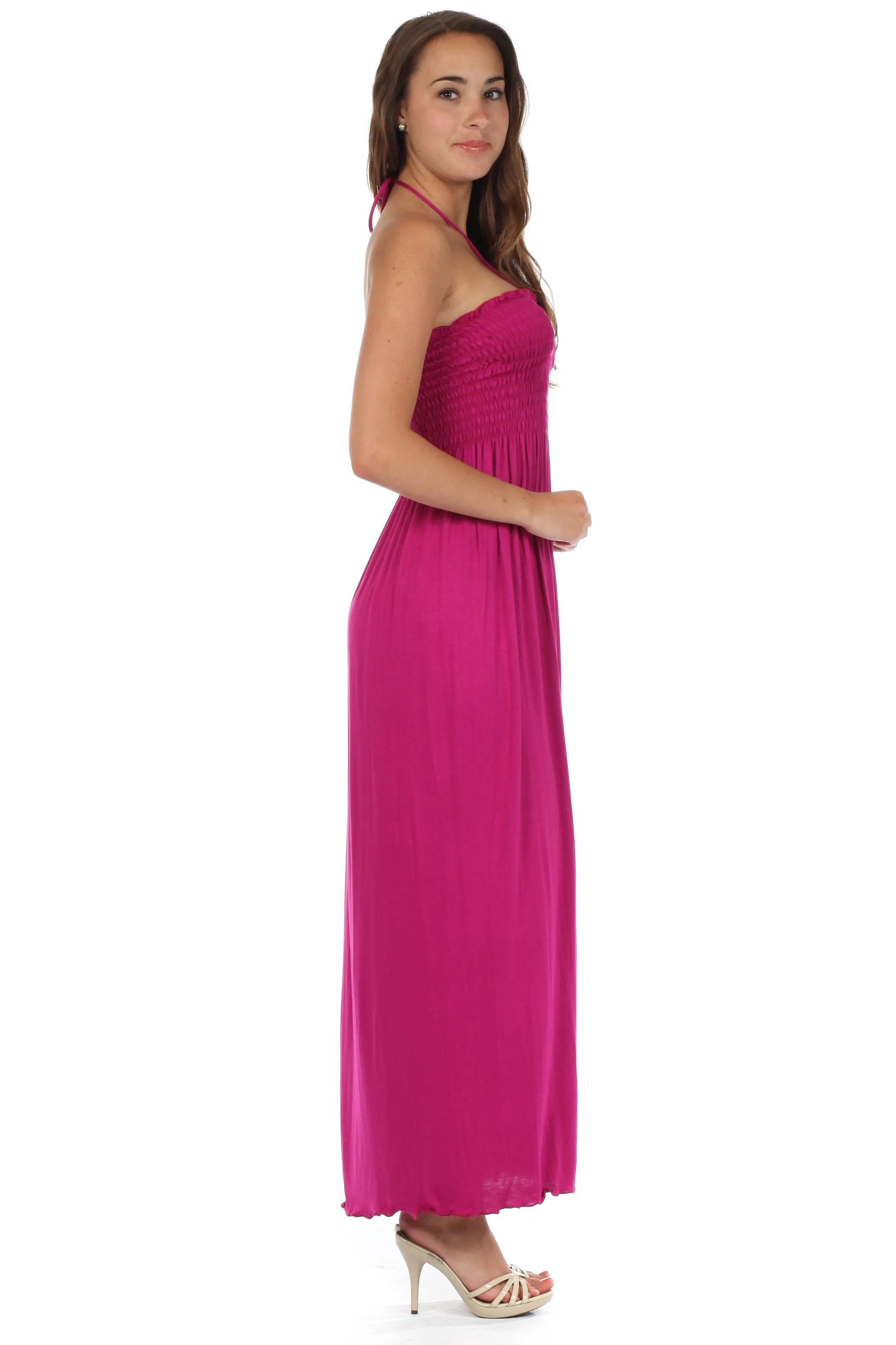 Sakkas Soft Jersey Feel Solid Color Smocked Bodice String Halter Long Dress