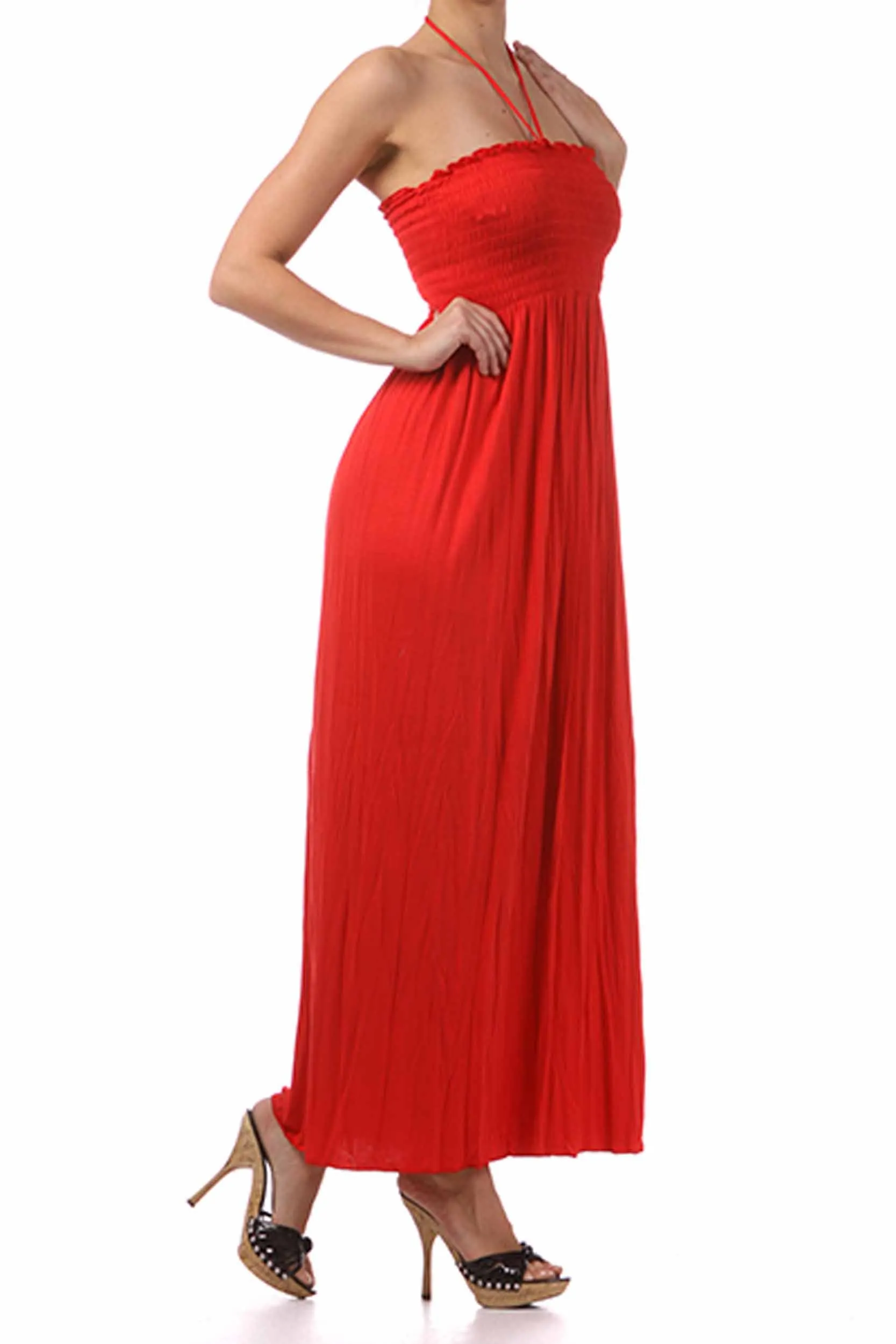 Sakkas Soft Jersey Feel Solid Color Smocked Bodice String Halter Long Dress