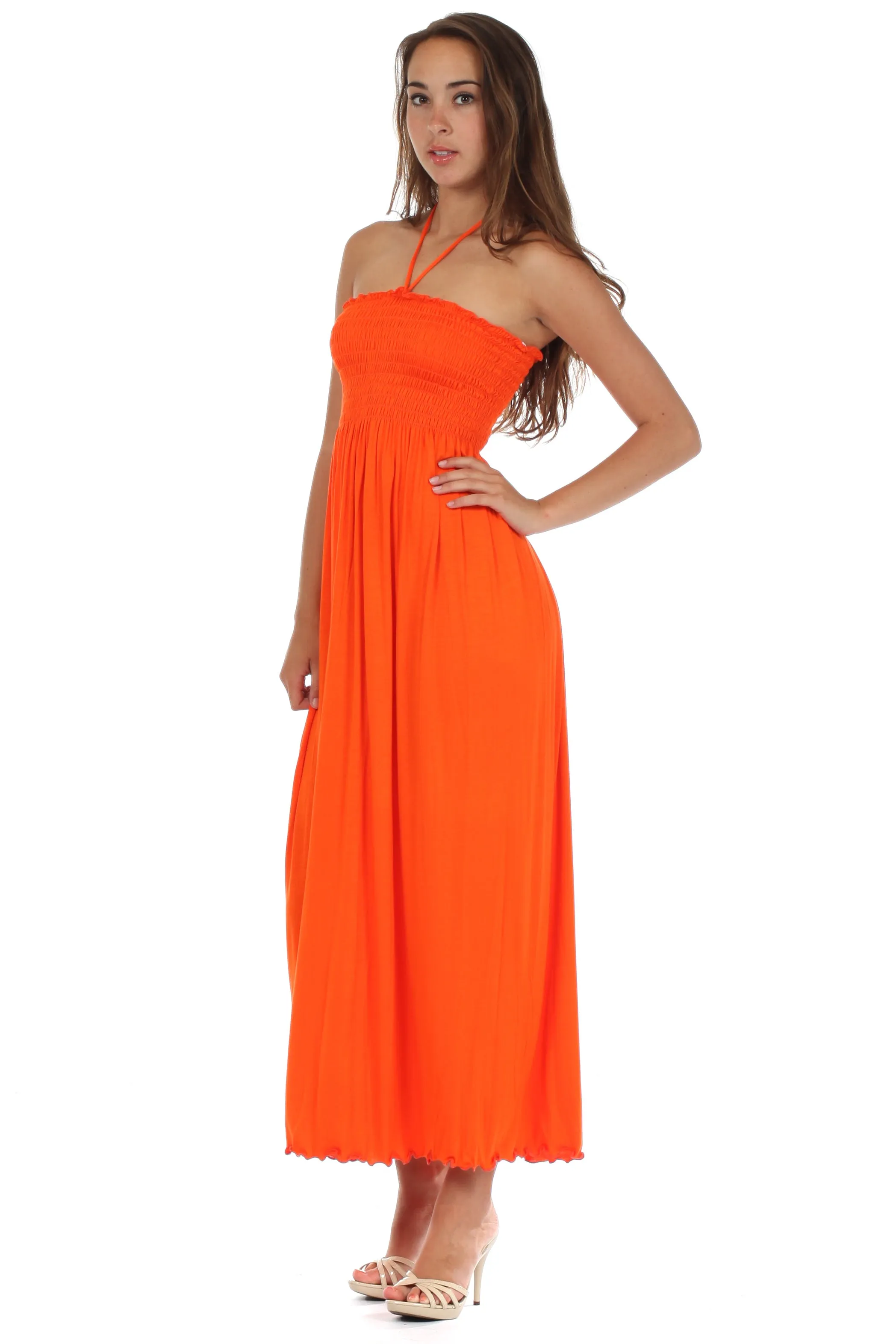 Sakkas Soft Jersey Feel Solid Color Smocked Bodice String Halter Long Dress