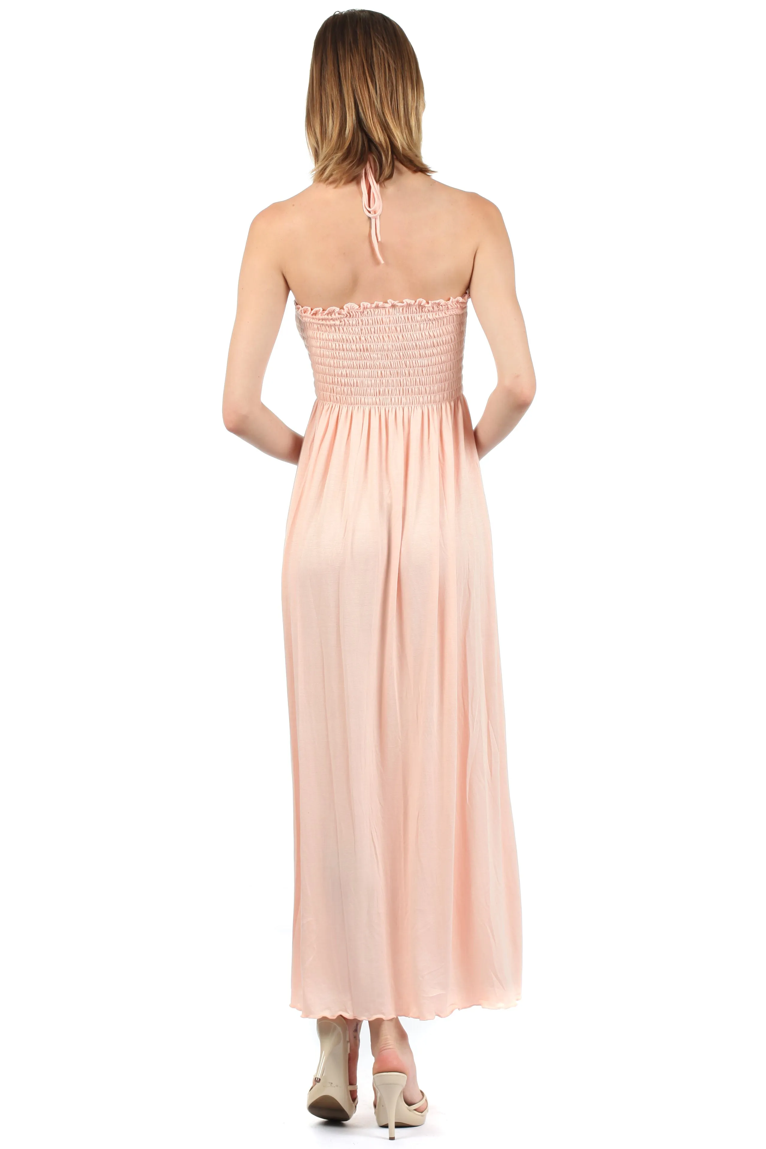 Sakkas Soft Jersey Feel Solid Color Smocked Bodice String Halter Long Dress