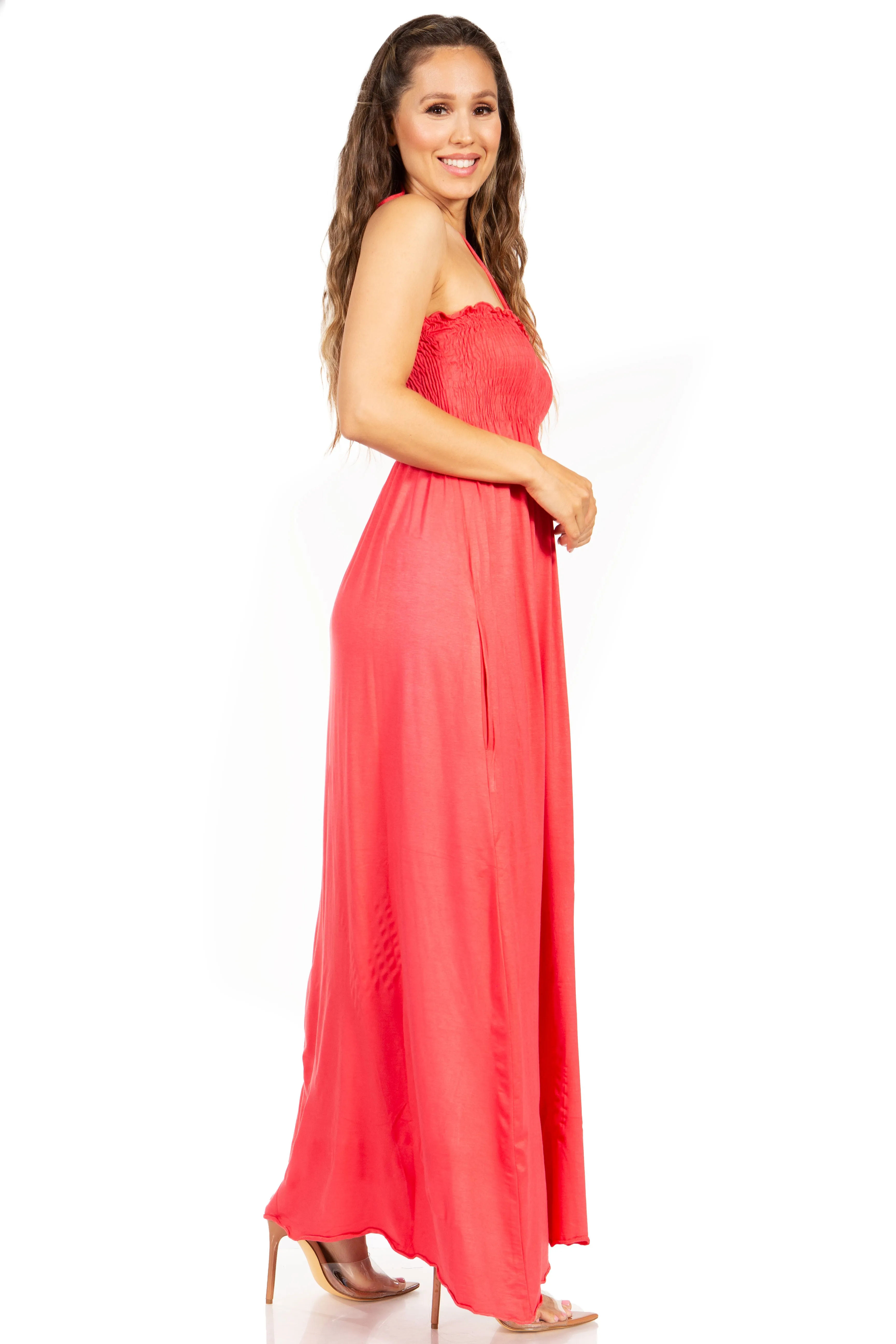 Sakkas Soft Jersey Feel Solid Color Smocked Bodice String Halter Long Dress