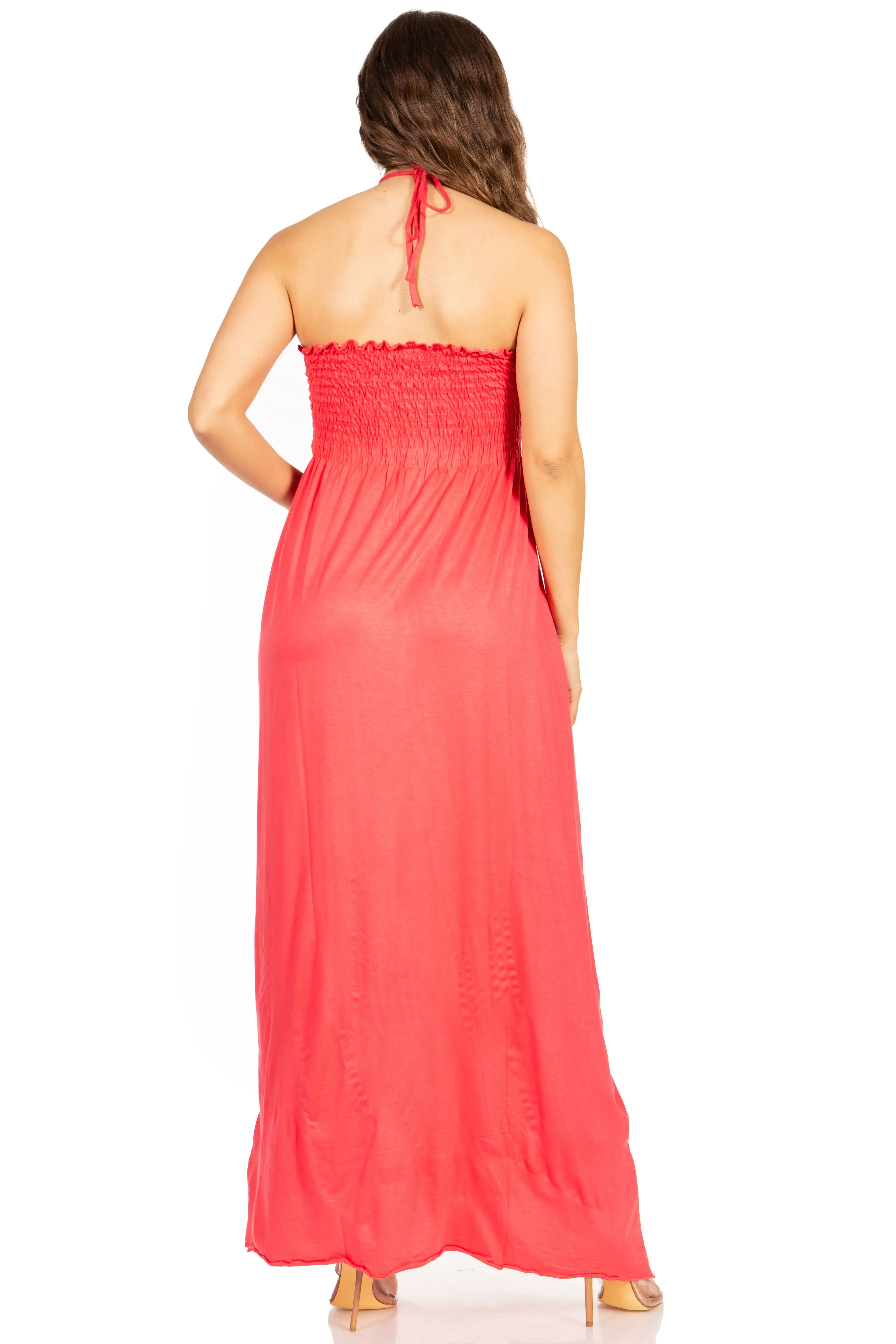 Sakkas Soft Jersey Feel Solid Color Smocked Bodice String Halter Long Dress