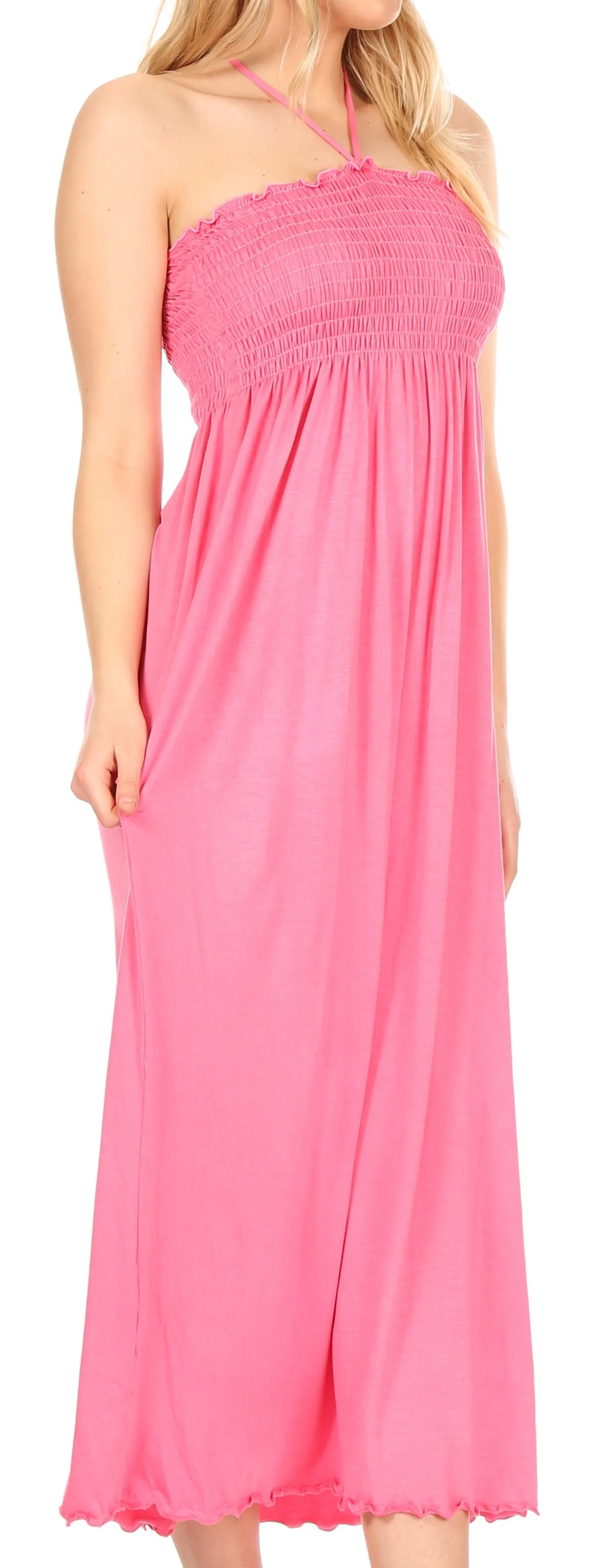 Sakkas Soft Jersey Feel Solid Color Smocked Bodice String Halter Long Dress