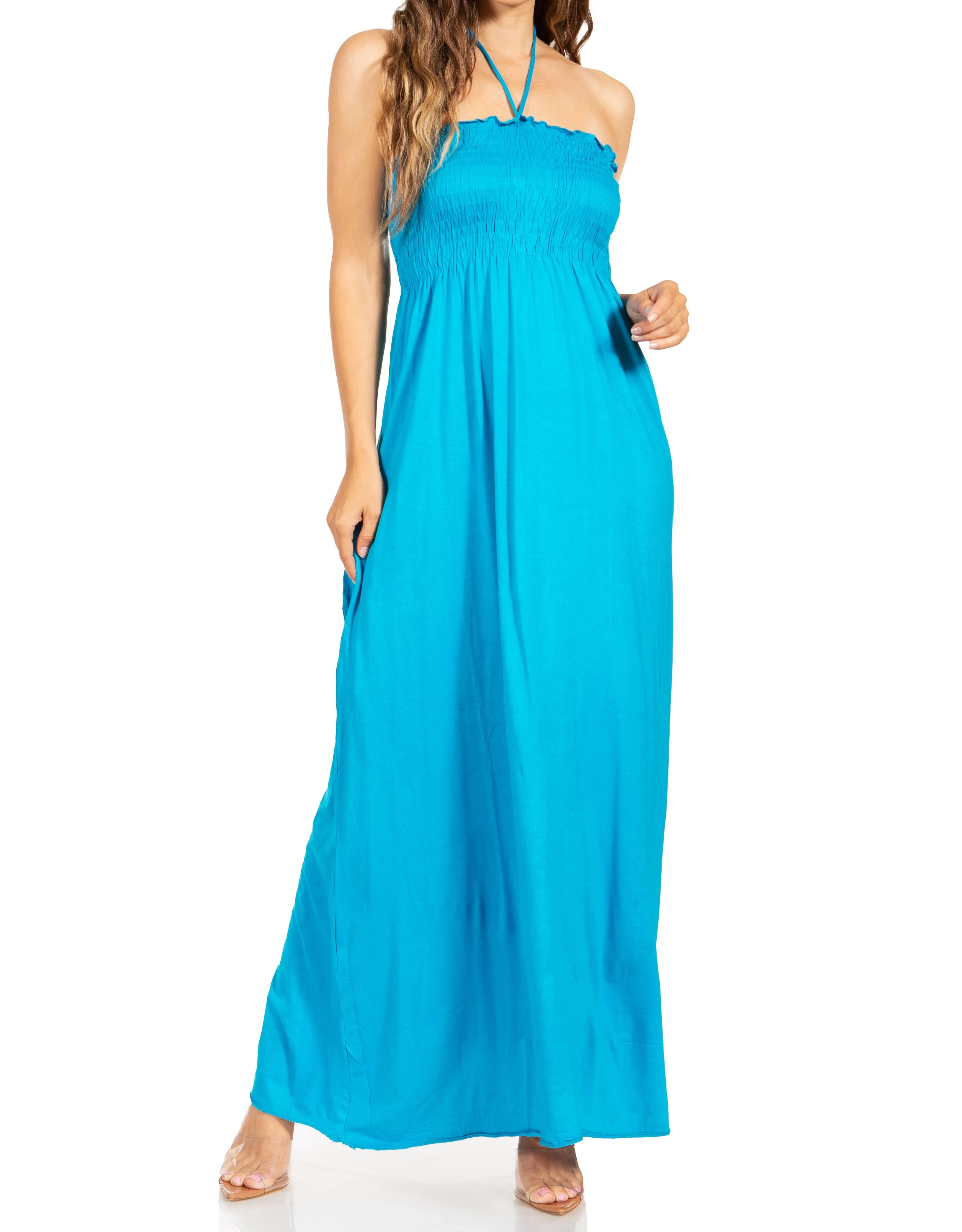 Sakkas Soft Jersey Feel Solid Color Smocked Bodice String Halter Long Dress