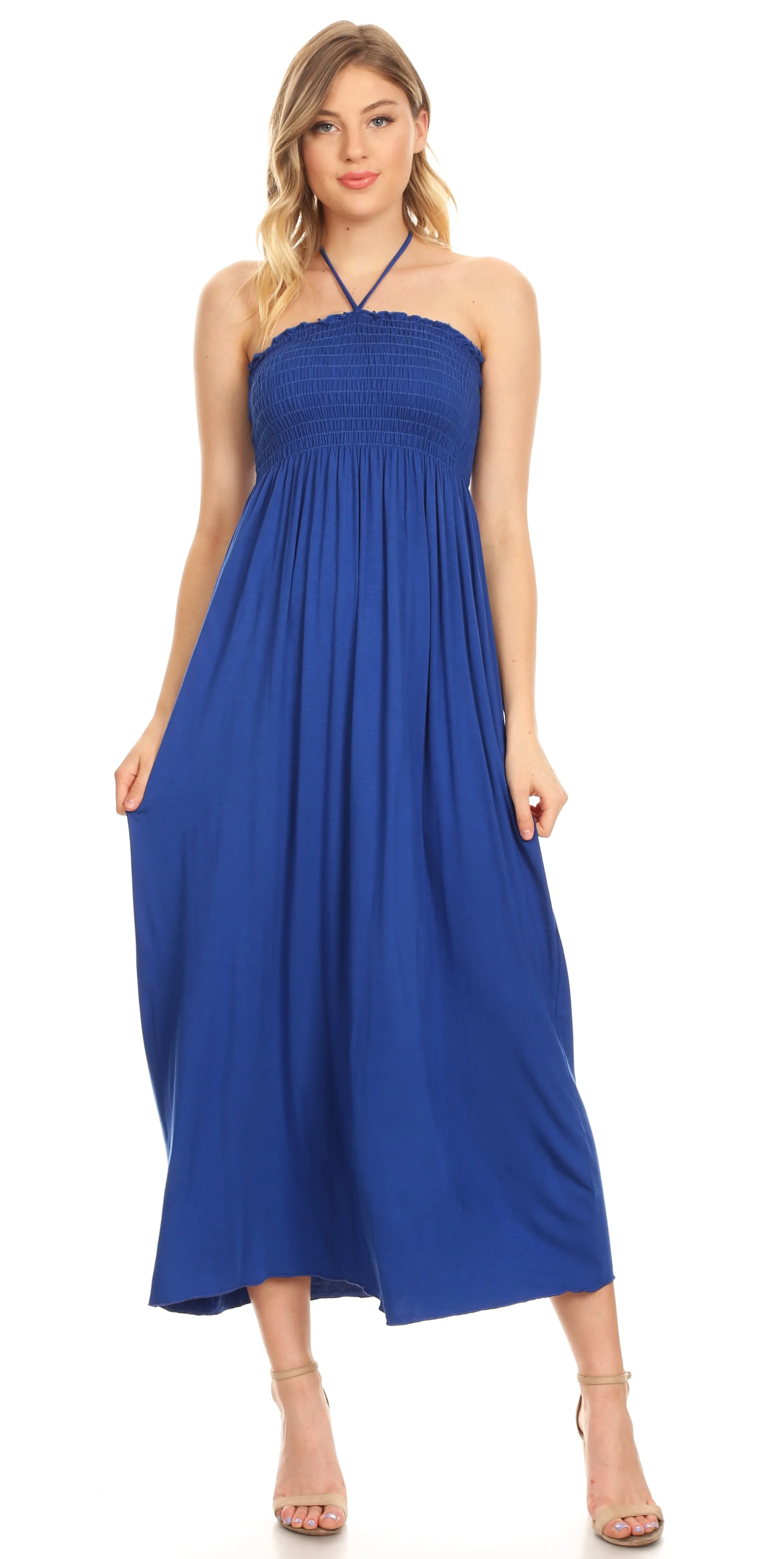 Sakkas Soft Jersey Feel Solid Color Smocked Bodice String Halter Long Dress