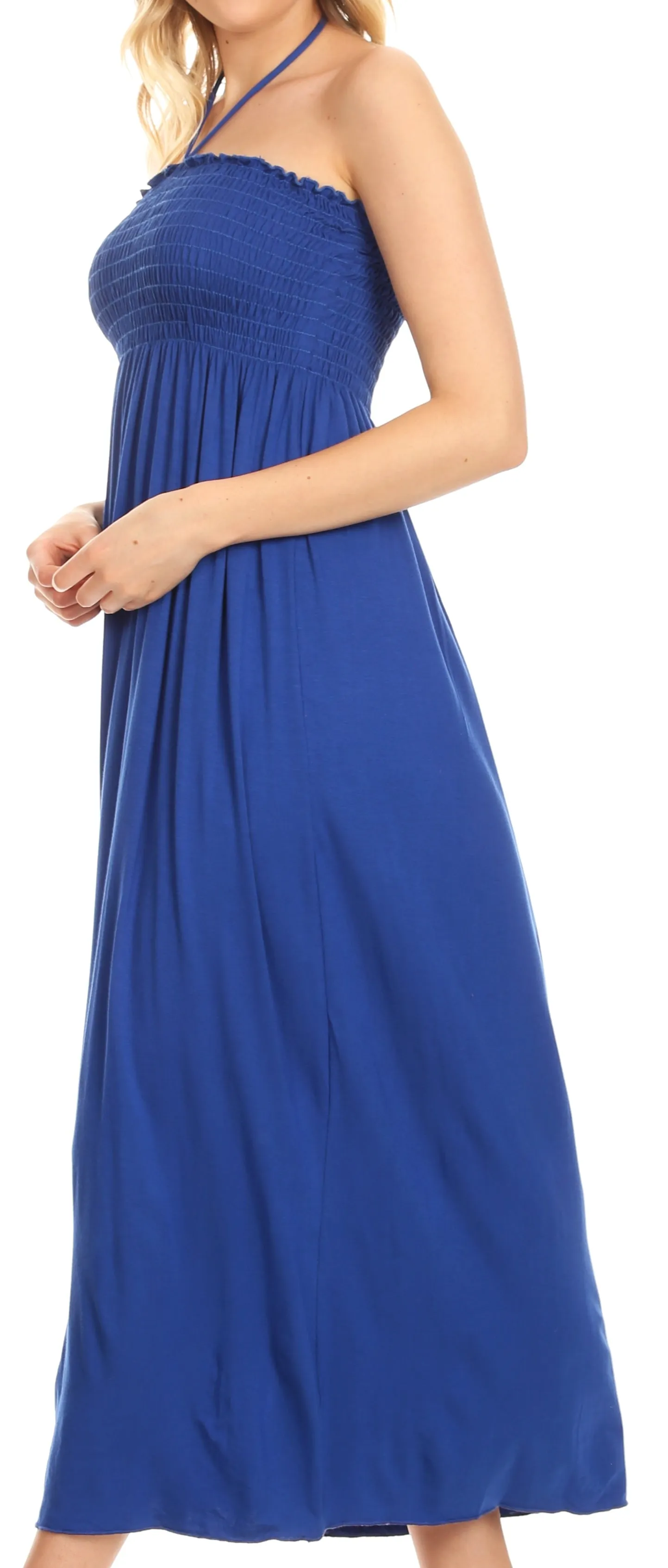 Sakkas Soft Jersey Feel Solid Color Smocked Bodice String Halter Long Dress