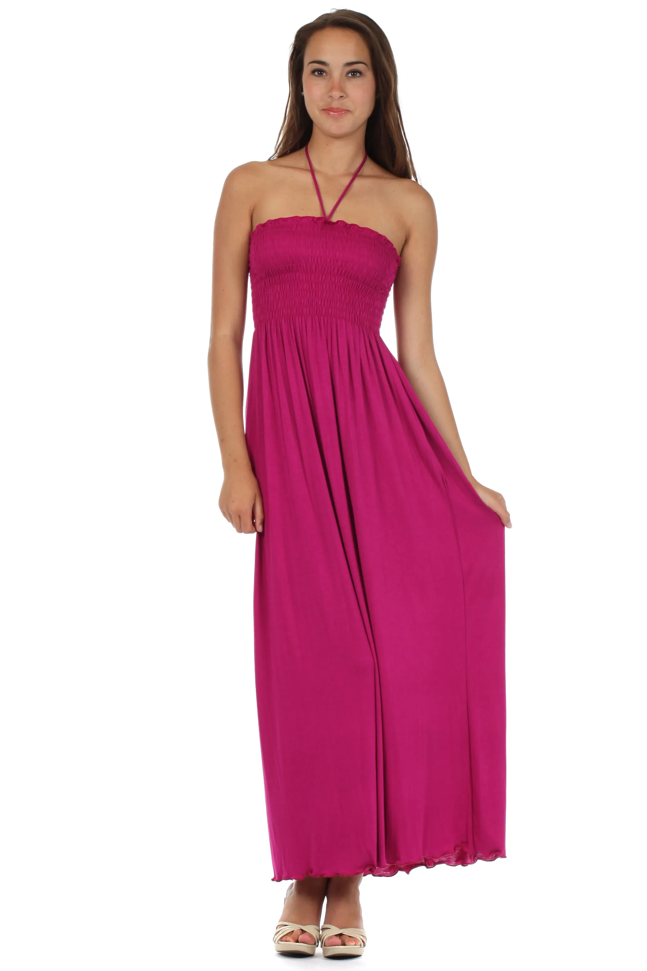 Sakkas Soft Jersey Feel Solid Color Smocked Bodice String Halter Long Dress