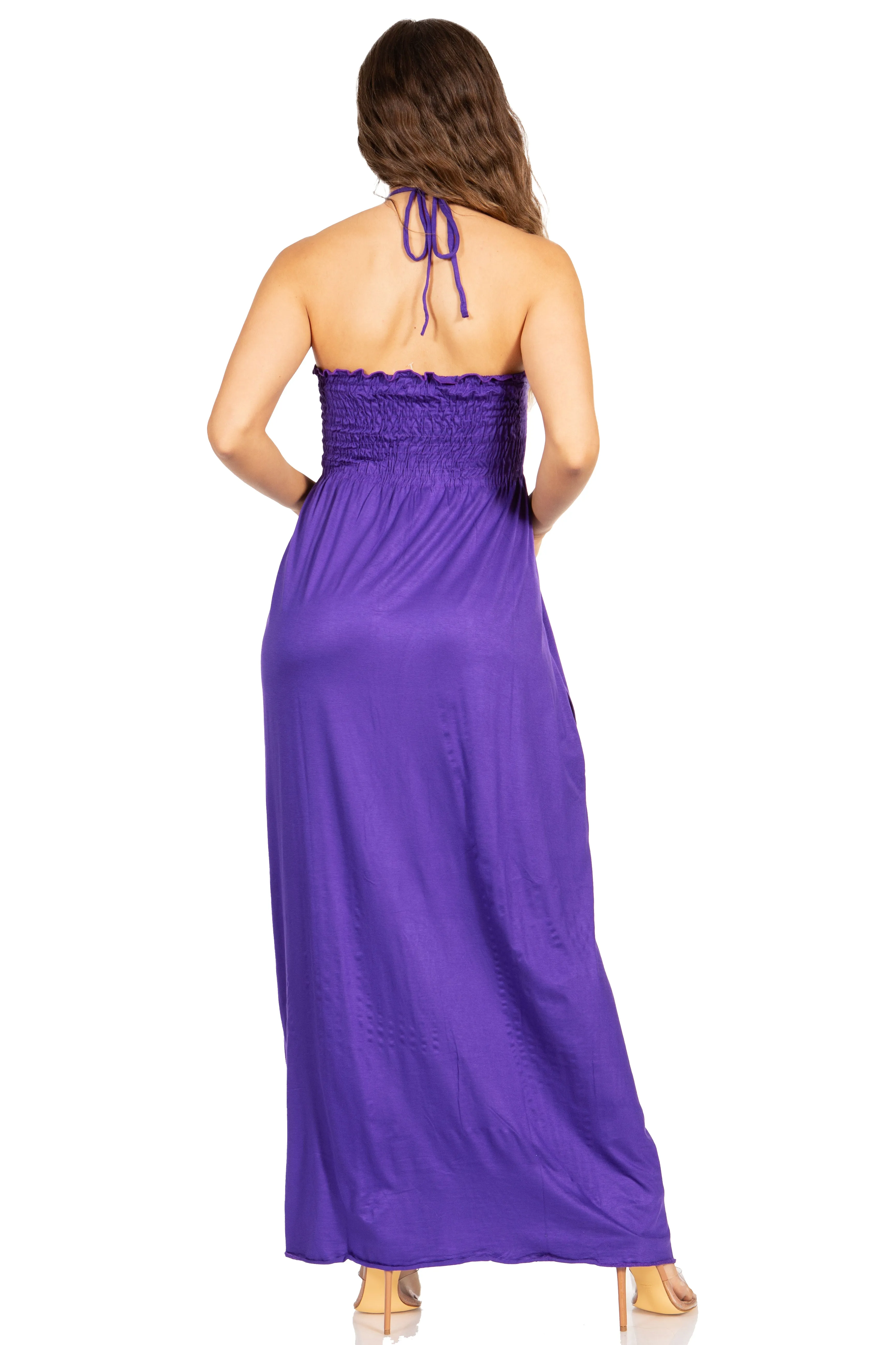 Sakkas Soft Jersey Feel Solid Color Smocked Bodice String Halter Long Dress