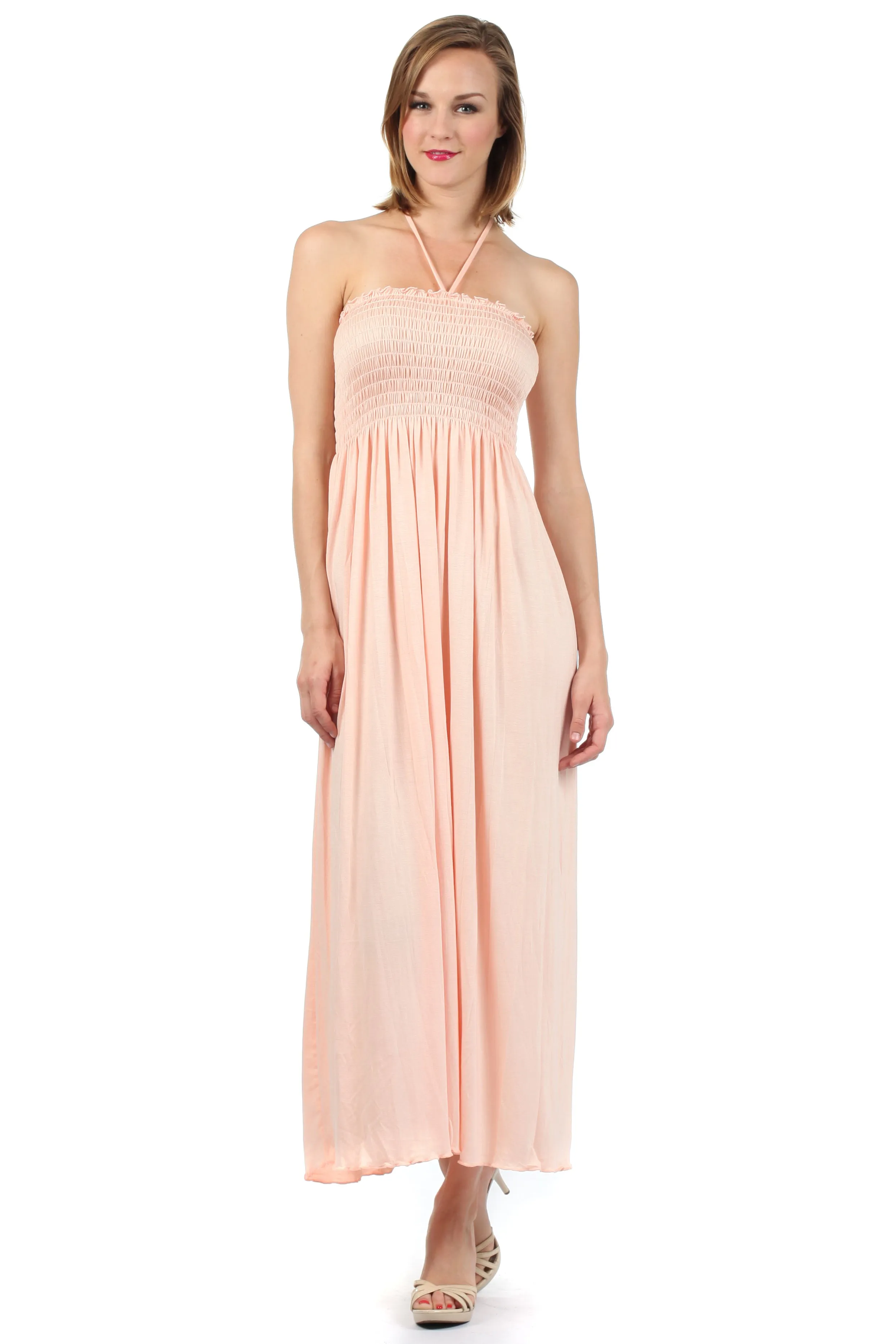 Sakkas Soft Jersey Feel Solid Color Smocked Bodice String Halter Long Dress