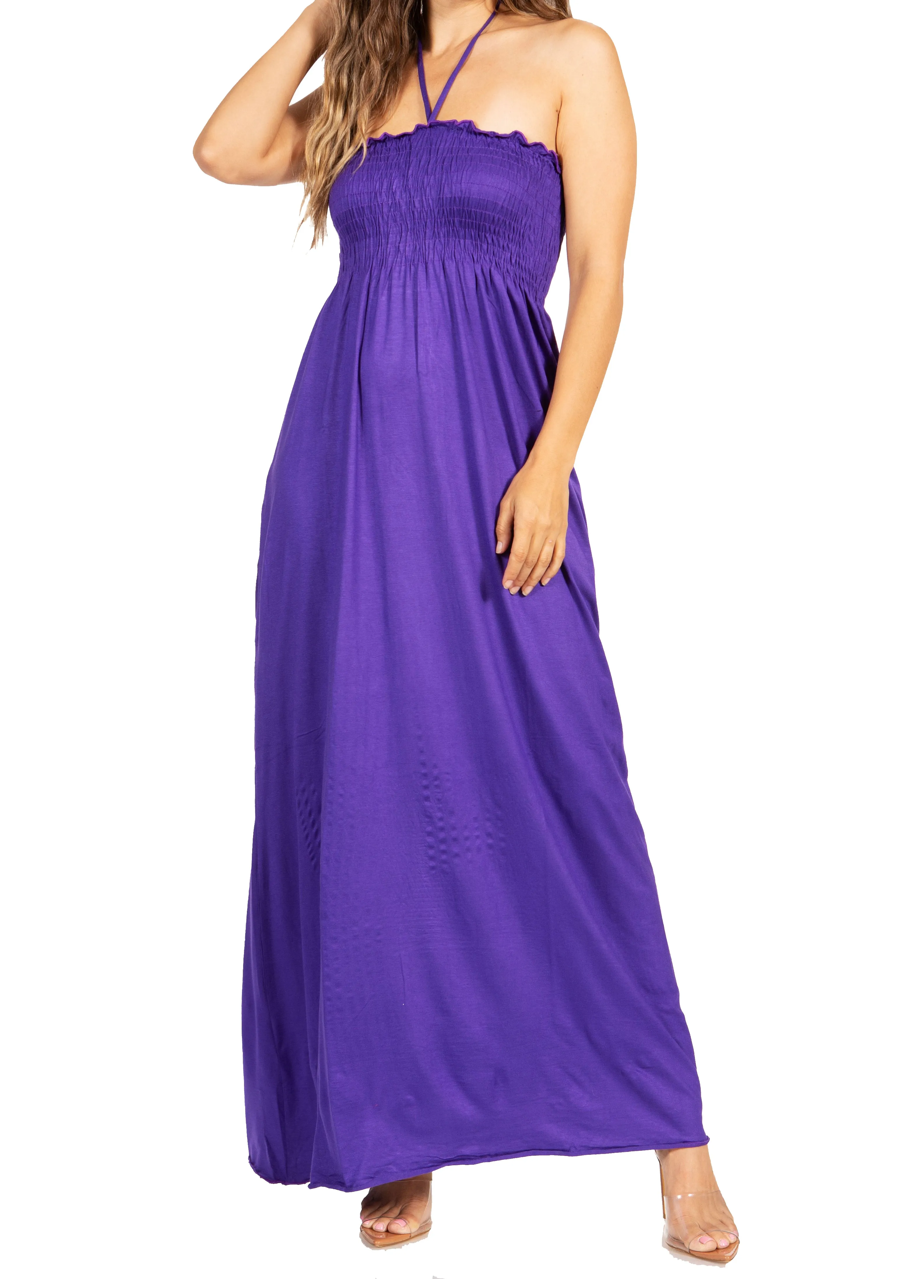 Sakkas Soft Jersey Feel Solid Color Smocked Bodice String Halter Long Dress