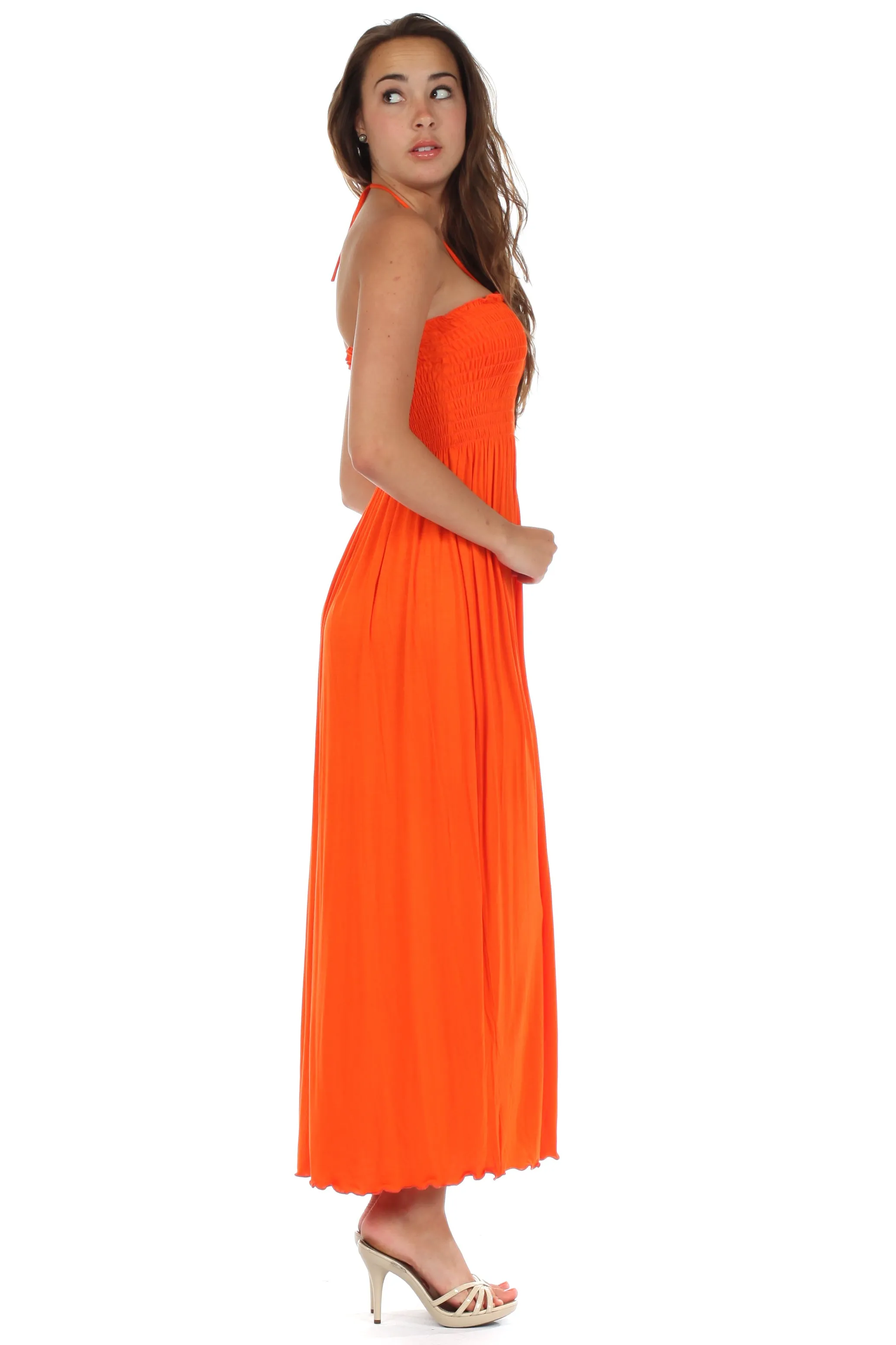 Sakkas Soft Jersey Feel Solid Color Smocked Bodice String Halter Long Dress