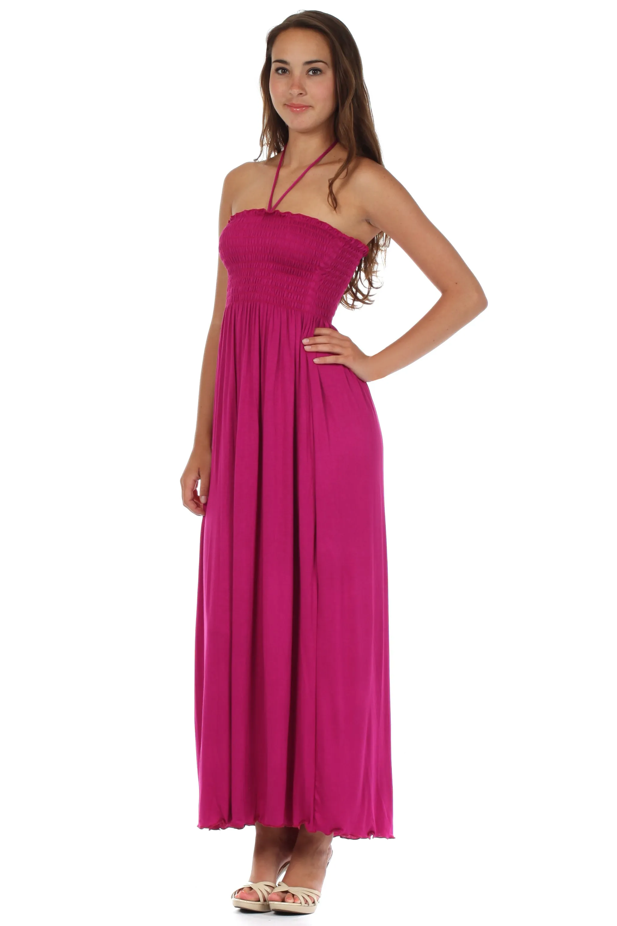 Sakkas Soft Jersey Feel Solid Color Smocked Bodice String Halter Long Dress