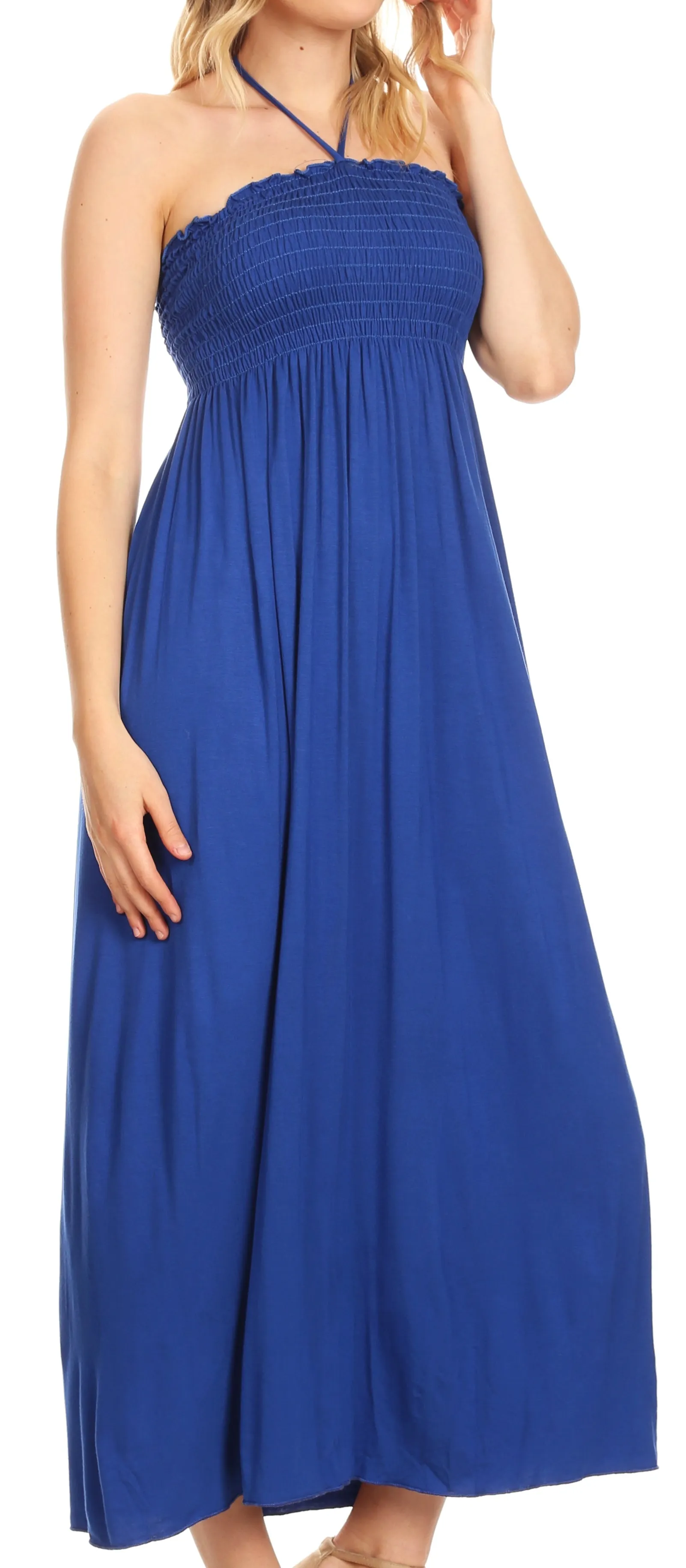 Sakkas Soft Jersey Feel Solid Color Smocked Bodice String Halter Long Dress