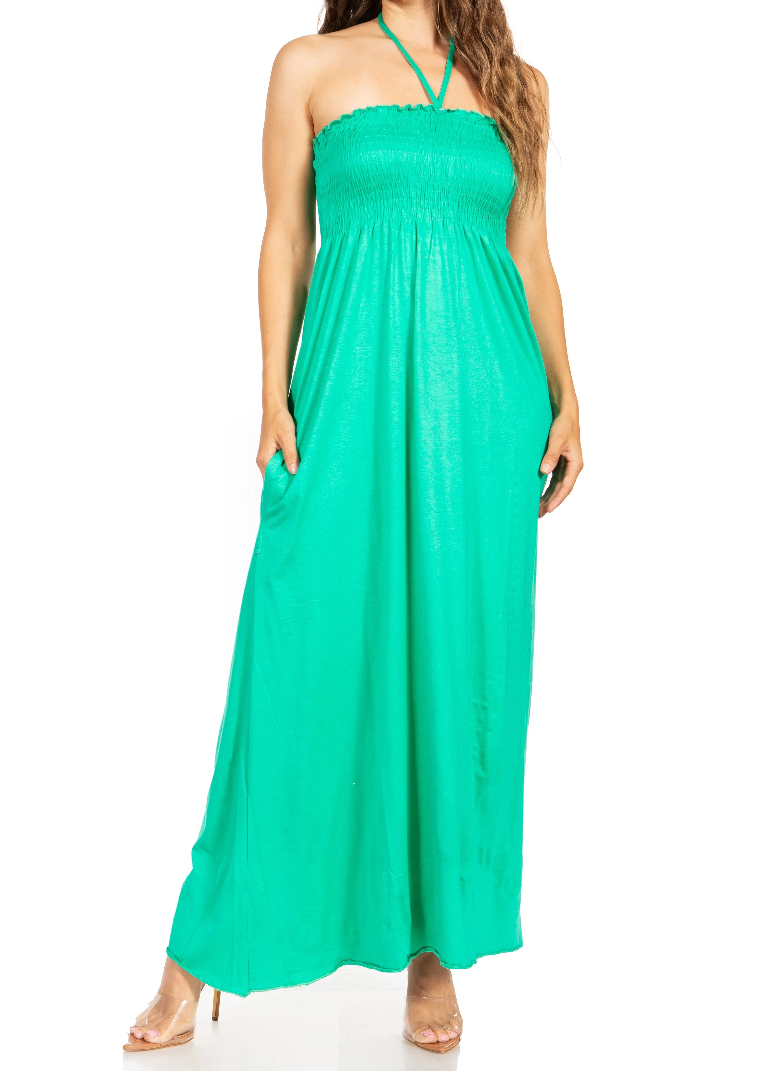 Sakkas Soft Jersey Feel Solid Color Smocked Bodice String Halter Long Dress