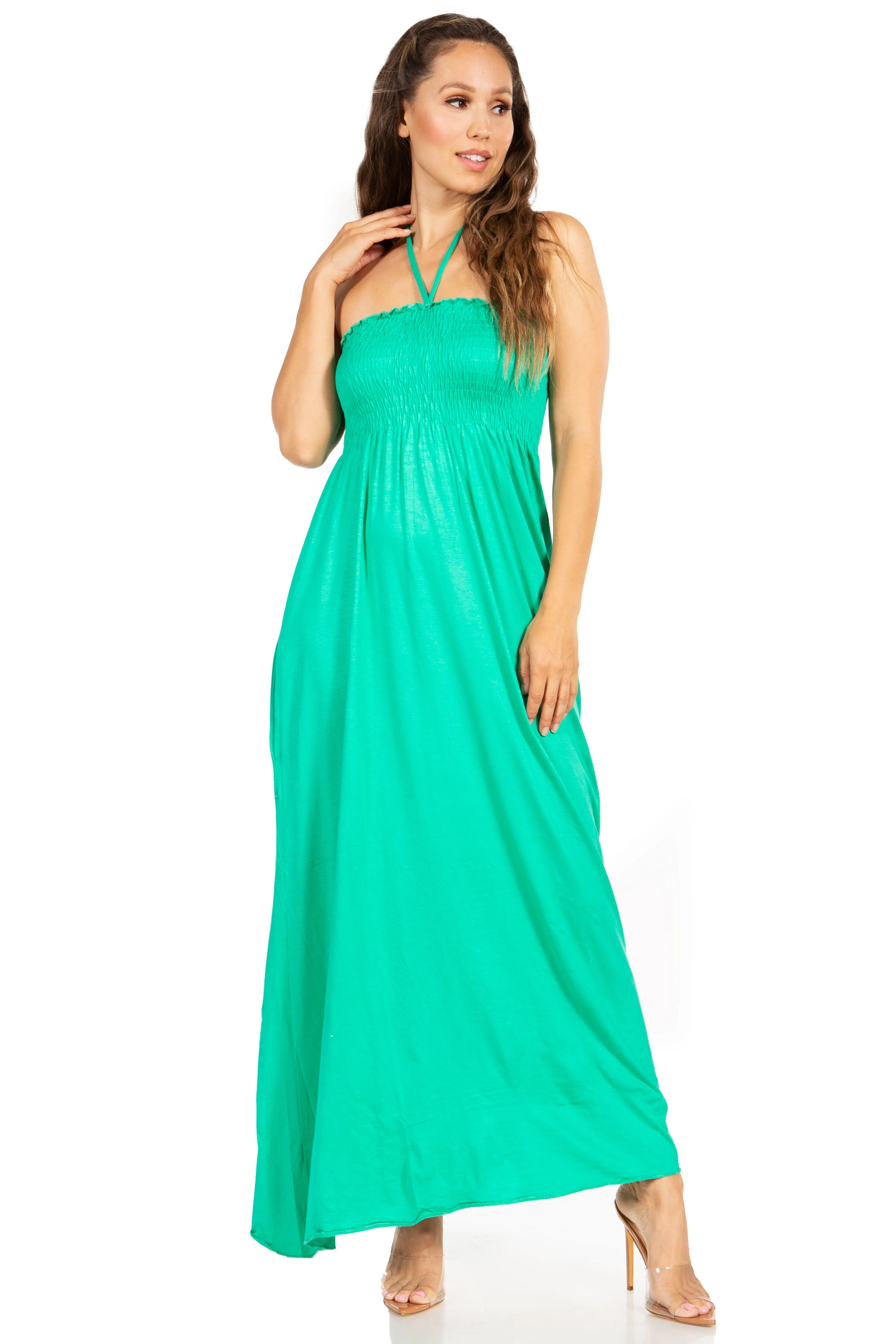 Sakkas Soft Jersey Feel Solid Color Smocked Bodice String Halter Long Dress