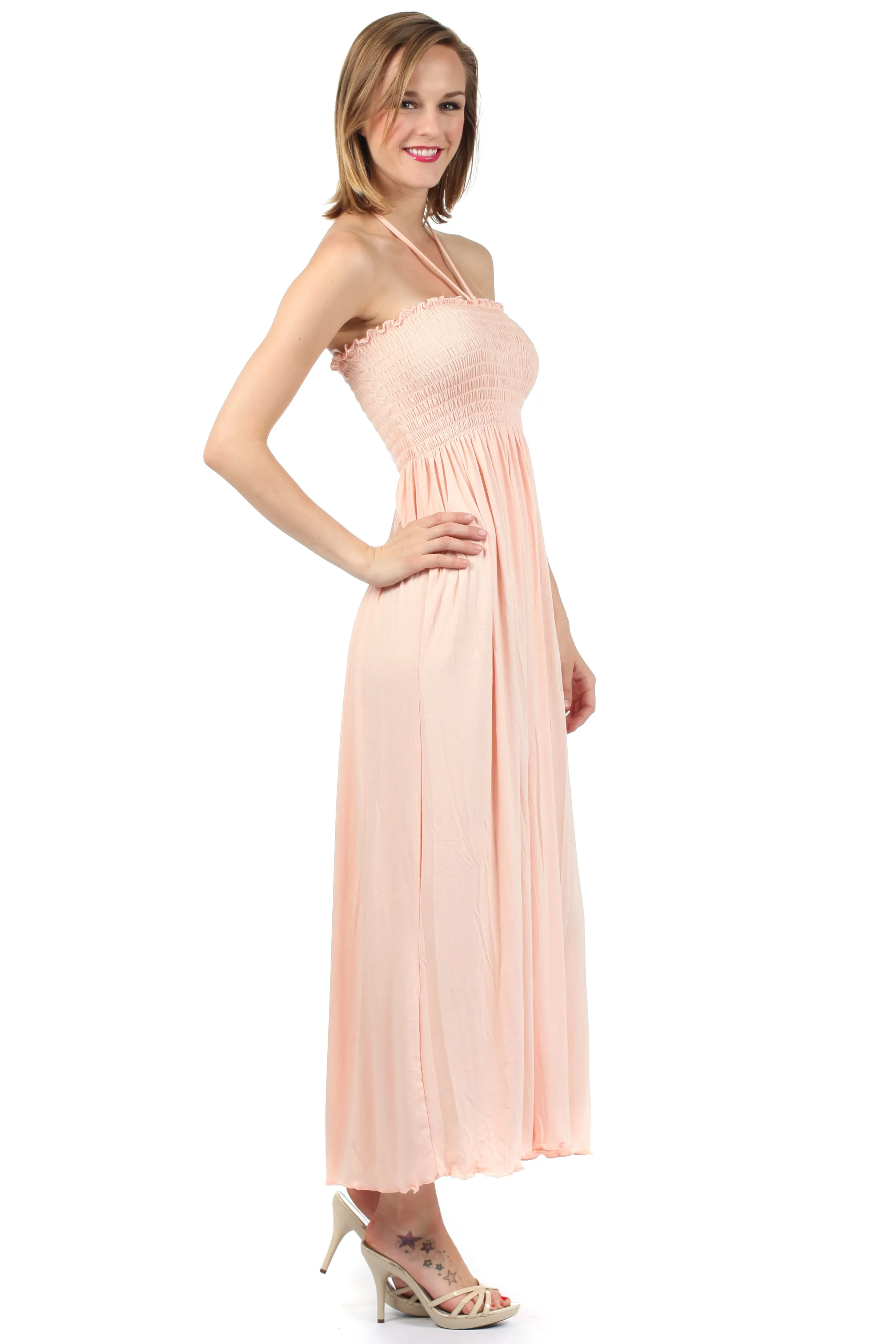 Sakkas Soft Jersey Feel Solid Color Smocked Bodice String Halter Long Dress