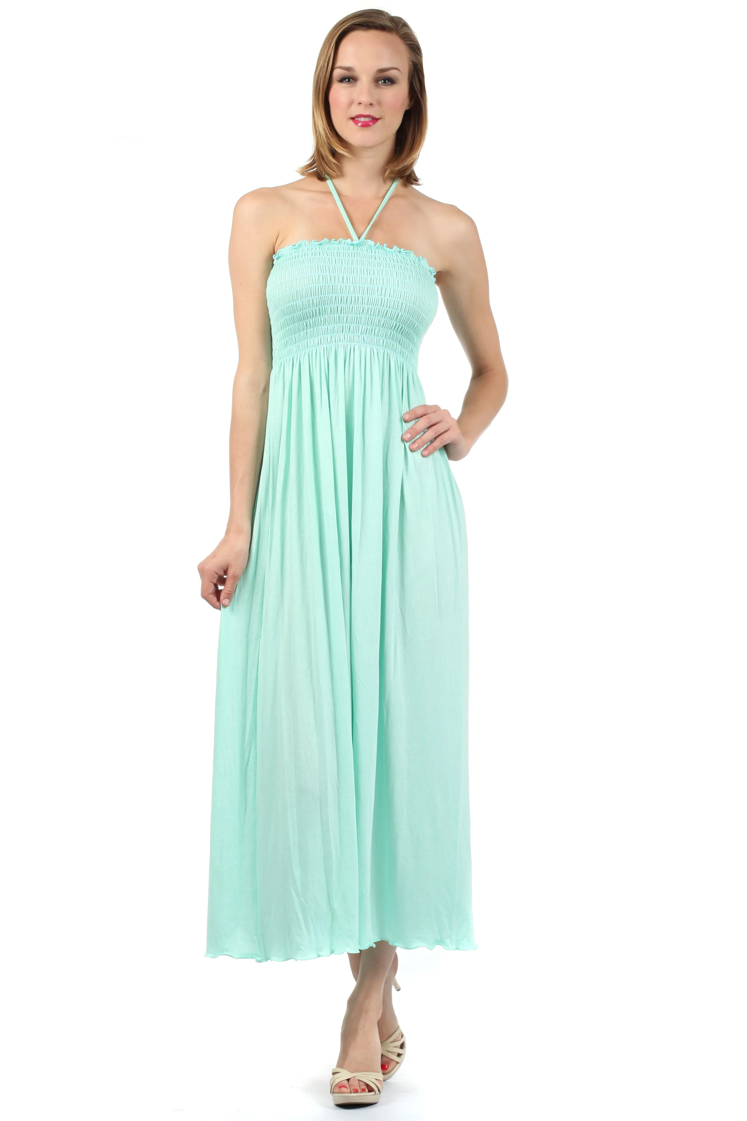 Sakkas Soft Jersey Feel Solid Color Smocked Bodice String Halter Long Dress