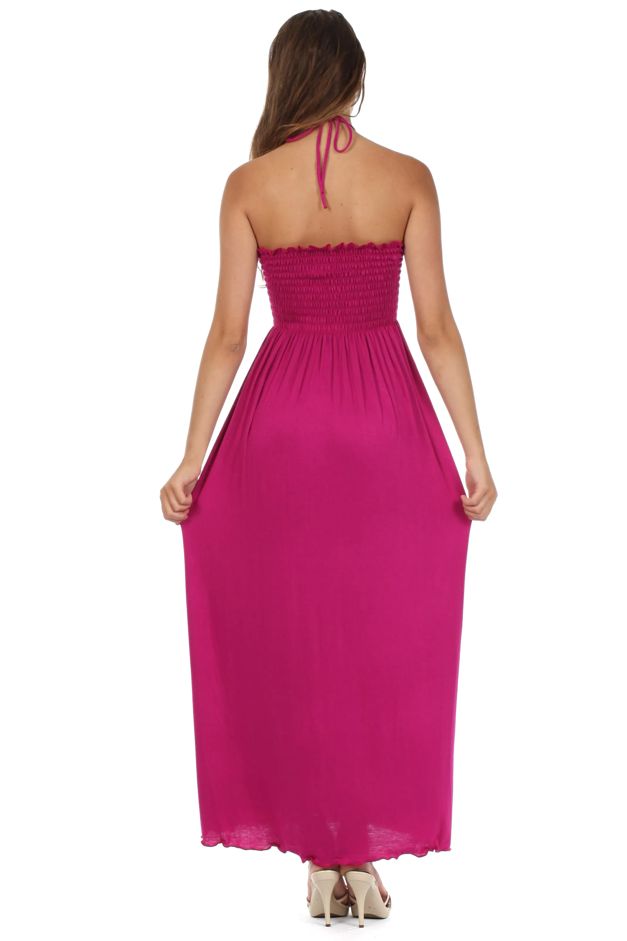 Sakkas Soft Jersey Feel Solid Color Smocked Bodice String Halter Long Dress