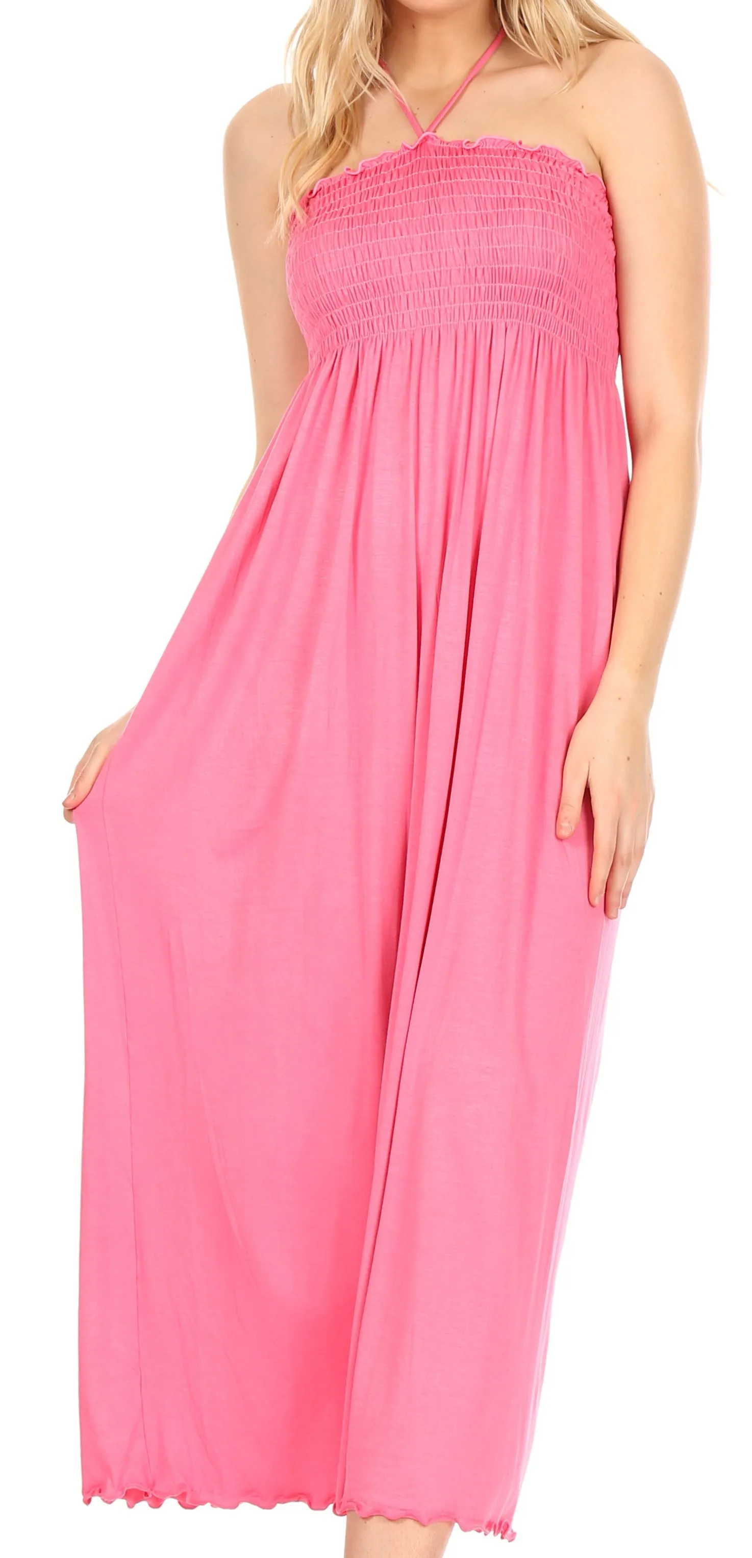 Sakkas Soft Jersey Feel Solid Color Smocked Bodice String Halter Long Dress