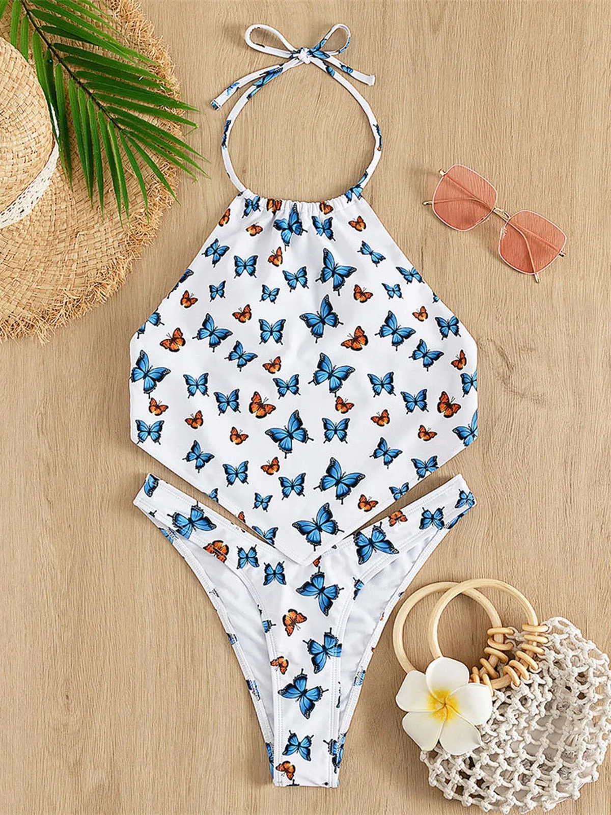 Sexy Butterfly Printed Backless Halter Bikini Female Swimsuit Women Swimwear Two-piece Bikini set Bather Bathing Suit Swim V3174